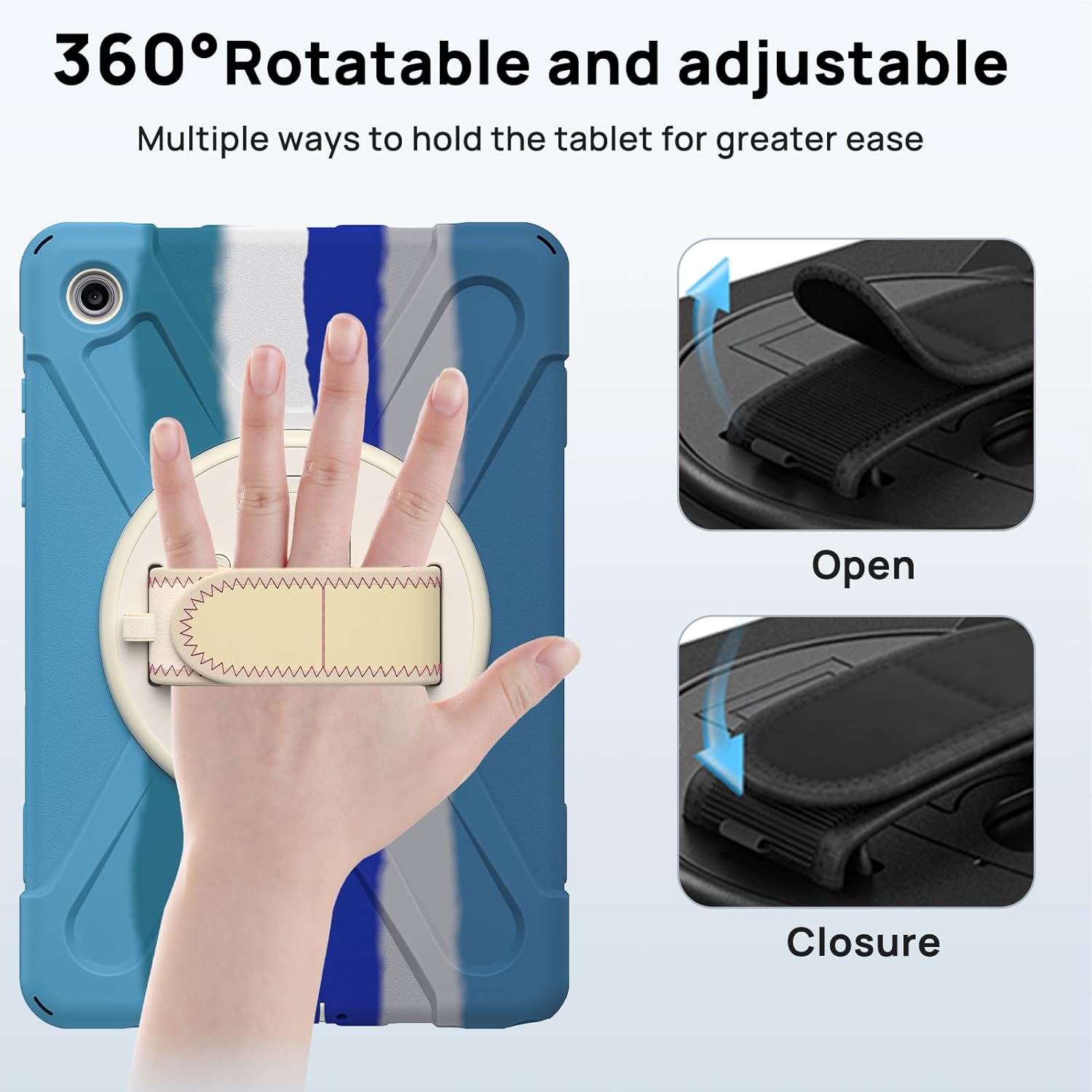 Gerutek Case for Samsung Galaxy Tab A11 Case 8.7" 2025, Full-Body Drop Protection Shockproof Cover with Screen Protector, 360° Rotating Stand, Hand/Shoulder Strap, Pencil Holder, Colorful Blue
