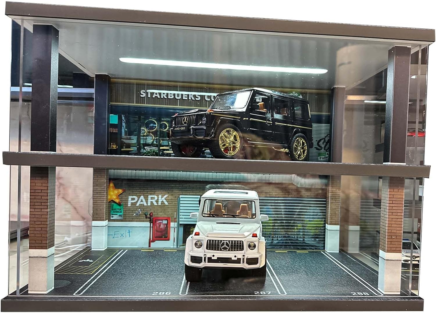 1:24 Die-cast car Model Display case with USB Lights. Alloy Car Collectibles Scene Parking Lot. Sports car Diorama Garage for Lego Speed（Coffee Shop Scene）