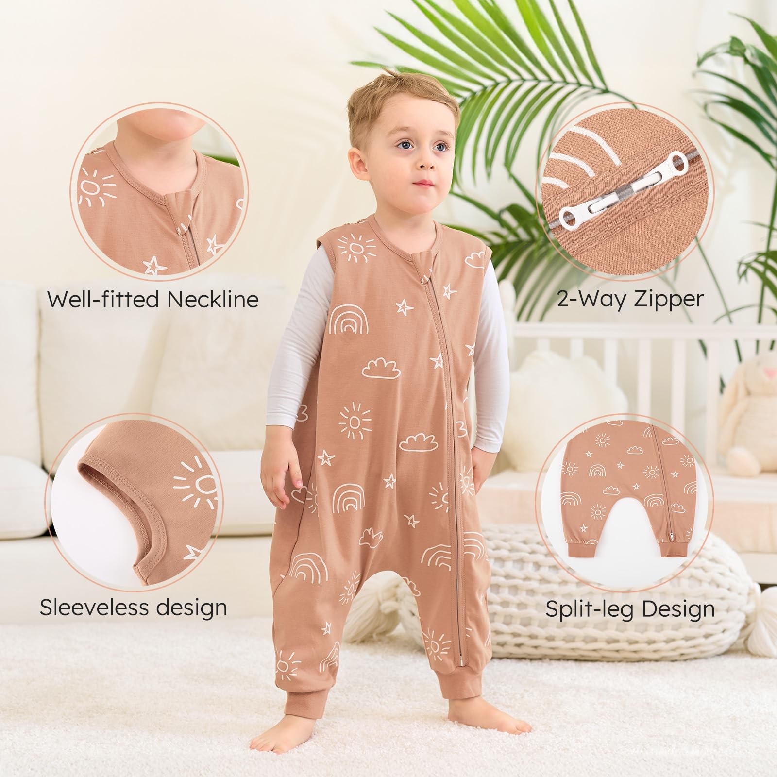 Yoofoss 2er Pack Baby Schlafsack mit Füßen 0.5 Tog 100% Baumwolle Schlafsack Baby mit Beinen Sommer Babyschlafsack für 18-36 Monate Kinder Jungen Mädchen 80 cm- Braun Tier