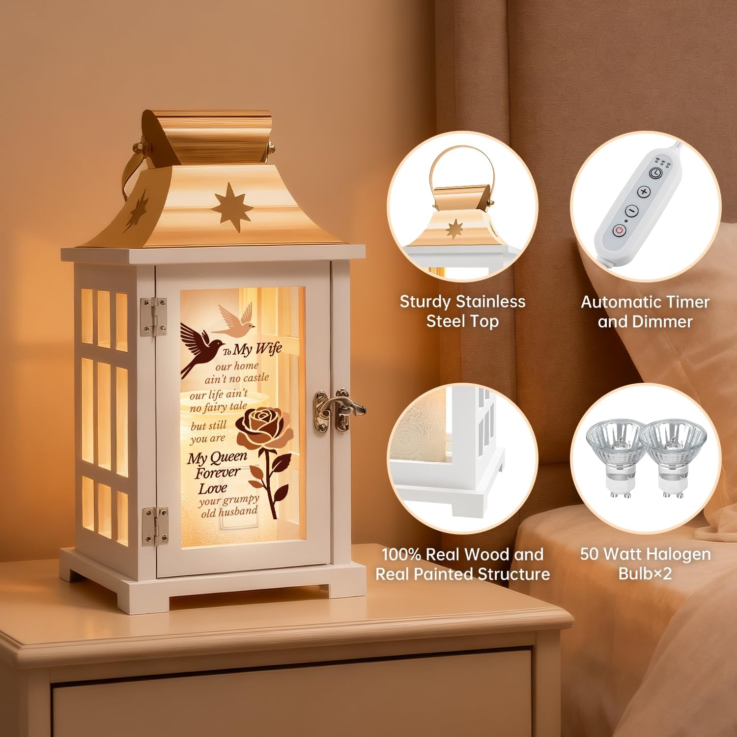 Romantic Gifts for Wife from Husband, to My Wife Candle Warmer Lanter, Flameless Wax Melt Warmer Lamp with Timer & Dimmable Light, Birthday Anniversary Valentine's Day Gifts for Wife