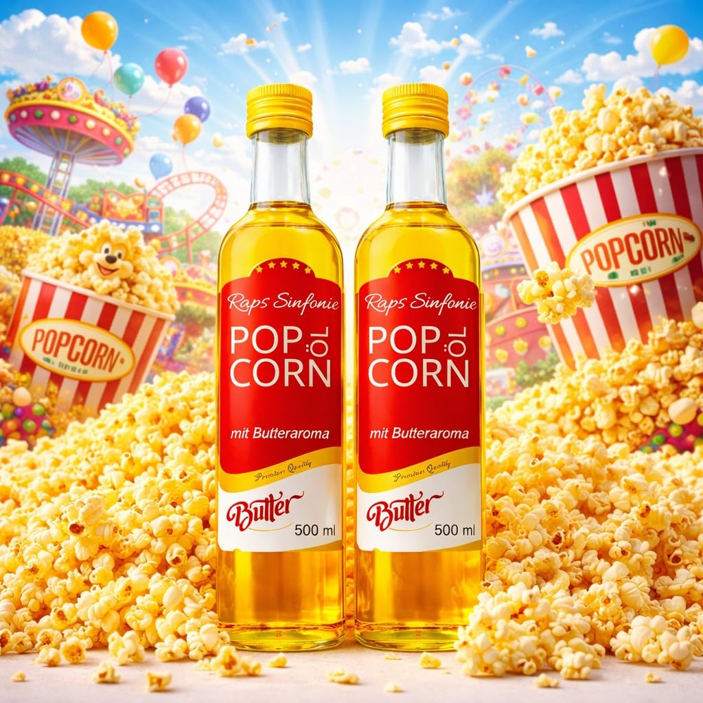 Hopser Food Fun 1 litrowy olej do popcornu o delikatnym naturalnym smaku masła i praktycznym dzióbku