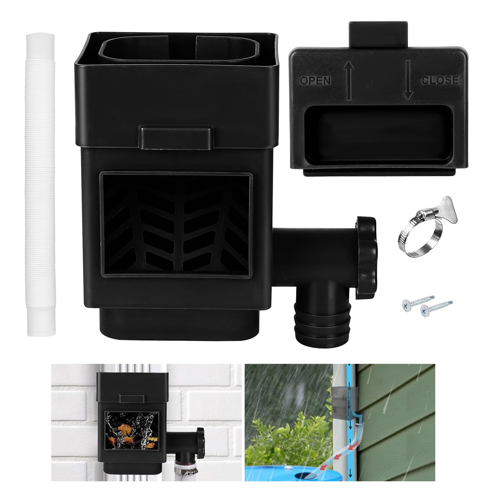 Rainwater Collection System, Rain Barrel Diverter Kit Fits for 2x3 or 3x4 Inch Standard Downspouts, Rainwater Collection System with Adjustable Valve. Hose(Black)
