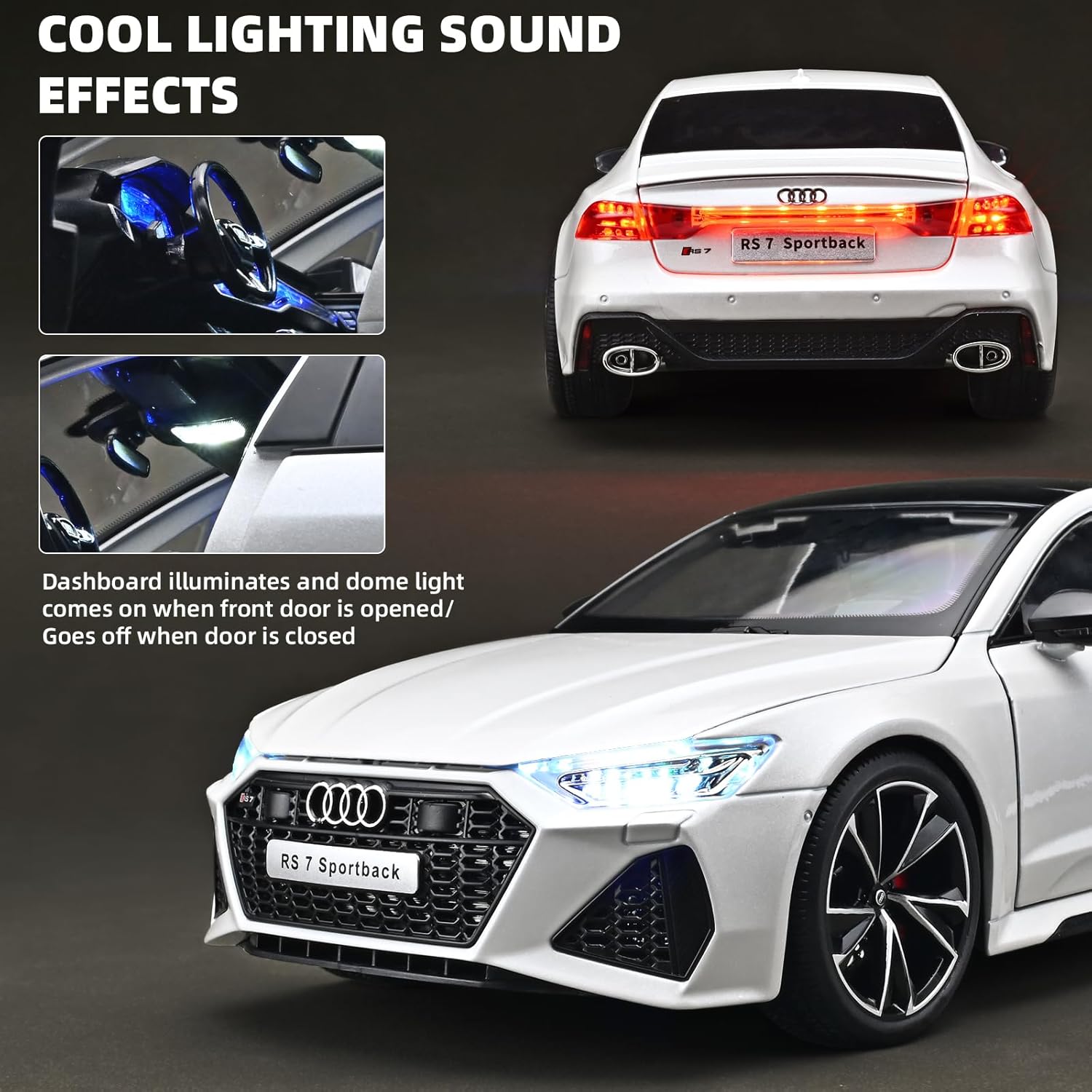 RZAPE Model Car Kits for Adult 1/18 Diecast Cars Compatible with Audi RS7 Sportback Car Collection,Remote Control Key Version Metal Toy Cars with Lights and Sounds,Toy Cars for Boys Age 4-7（White）