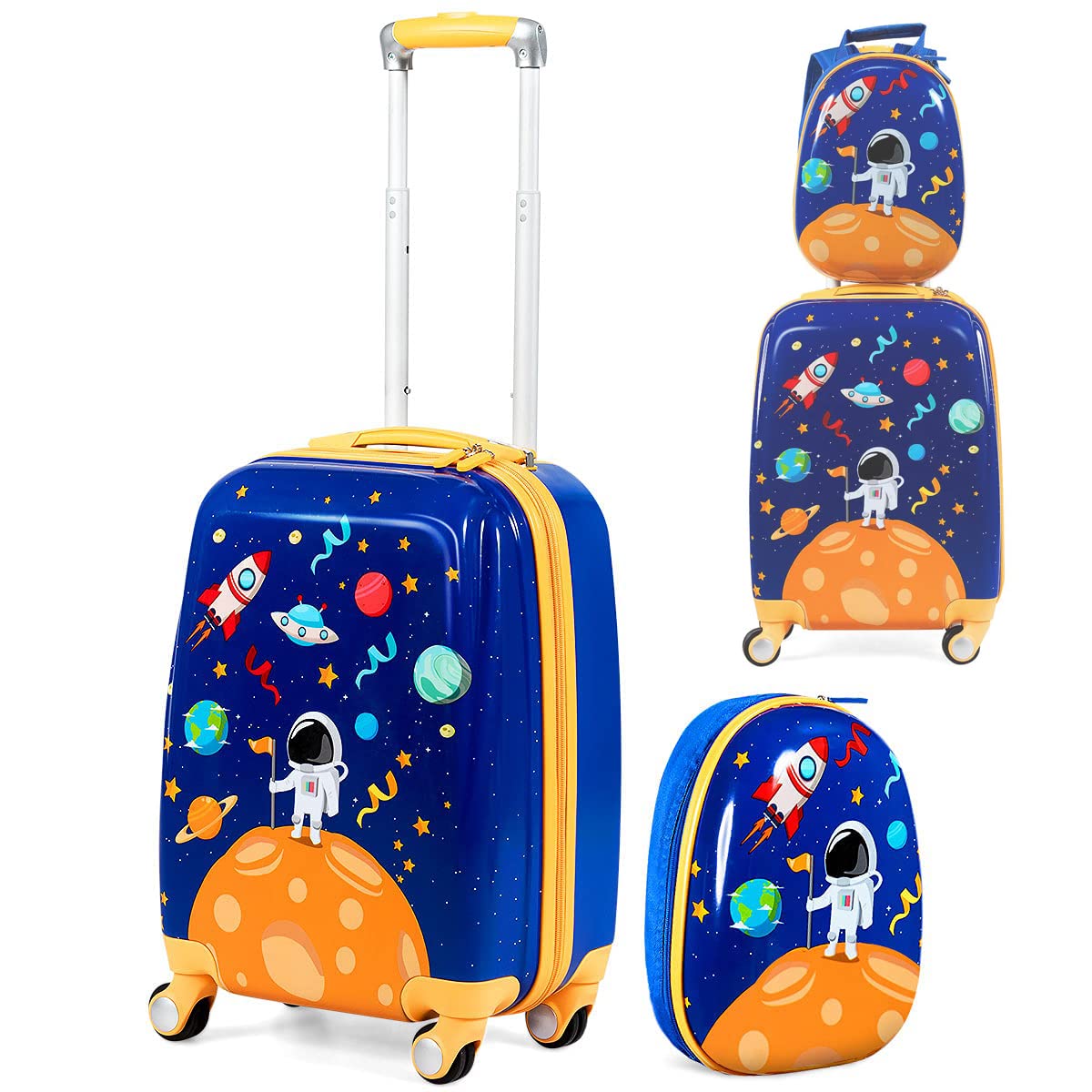 GOPLUS Set di 2 Pezzi da Viaggio, Valigia e Zaino per Bambini, Valigetta con 4 Ruote, Rosa/Blu, con Disegni Multicolore e Carini (Astronauta)