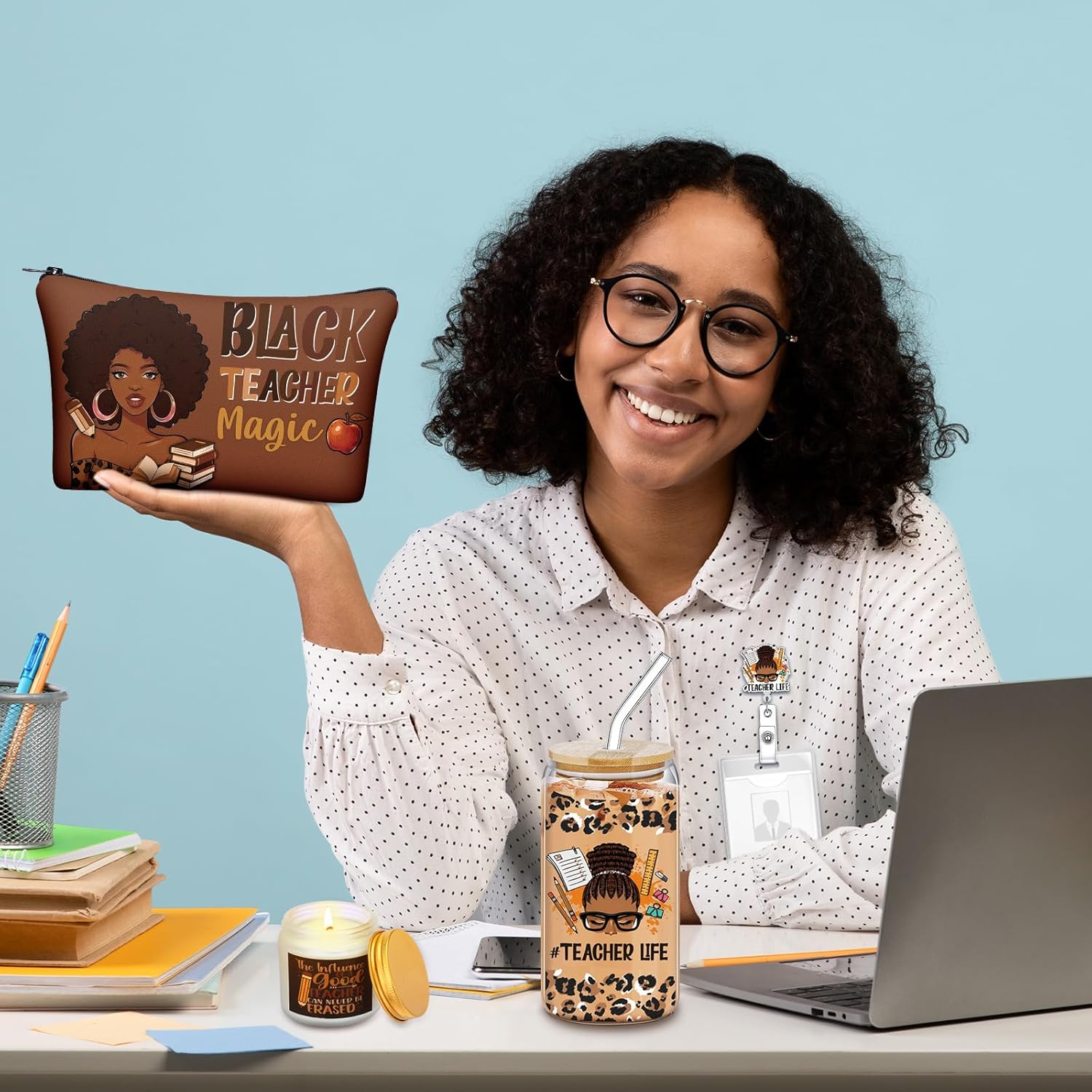 Quelay 10 Pcs Black Teacher Gifts Set for Women African Educator Appreciation Gift 16 oz Cup Blanket Cosmetic Bag Tote Bag Socks Candle Badge Reels Keychain Card for Teacher's Day Graduation American