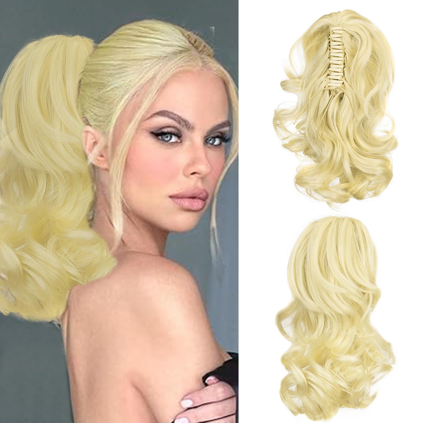 Cybelleza 14 inch Ponytail Hair Extension Curly Wavy Claw Jaw on Long Short Cute Pony Tails Clip in Hair Extensions Ponytail Hairpieces Synthetic for Women Bleach Blonde