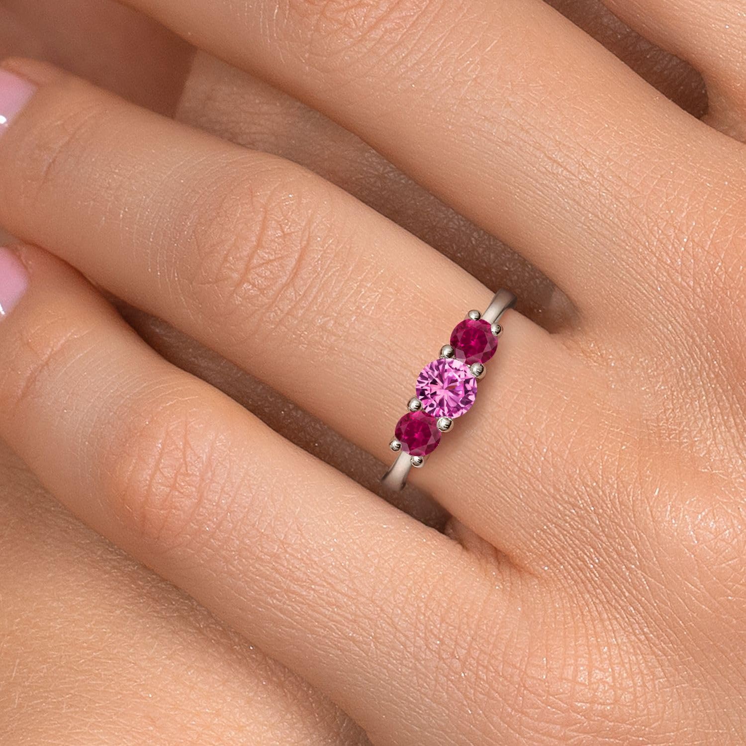 Gem Stone King 14K White Gold Pink Created Sapphire & Red Created Ruby 3-Stone Engagement Ring | 1.05 Cttw | Round 5MM and 4MM | 3 Stone Wedding Anniversary Promise Ring For Women - Image 4