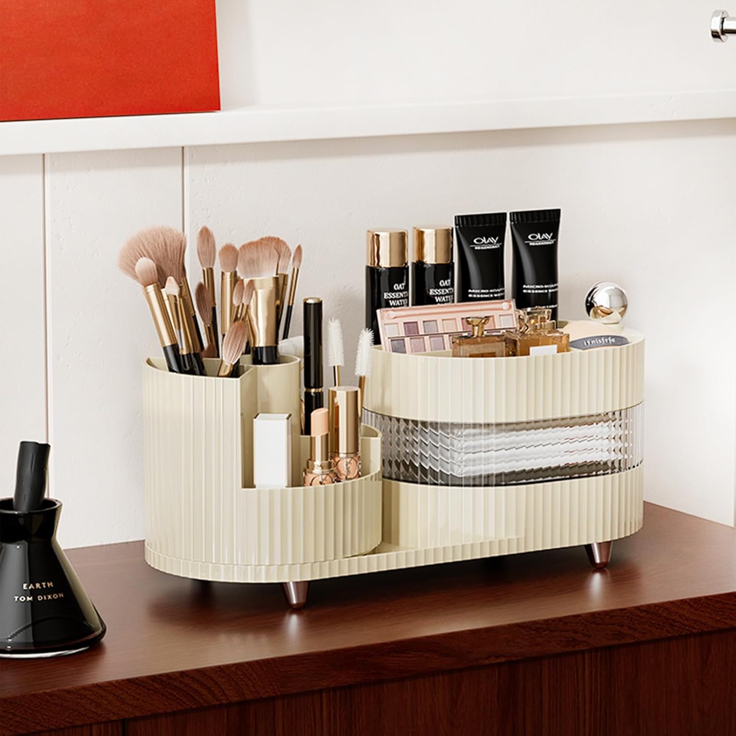 Ivory Rotating Vanity Organizer with Drawer & Brush Holder - 3 Layer Cosmetic Skincare & Perfume Storage - Countertop Makeup Display Case