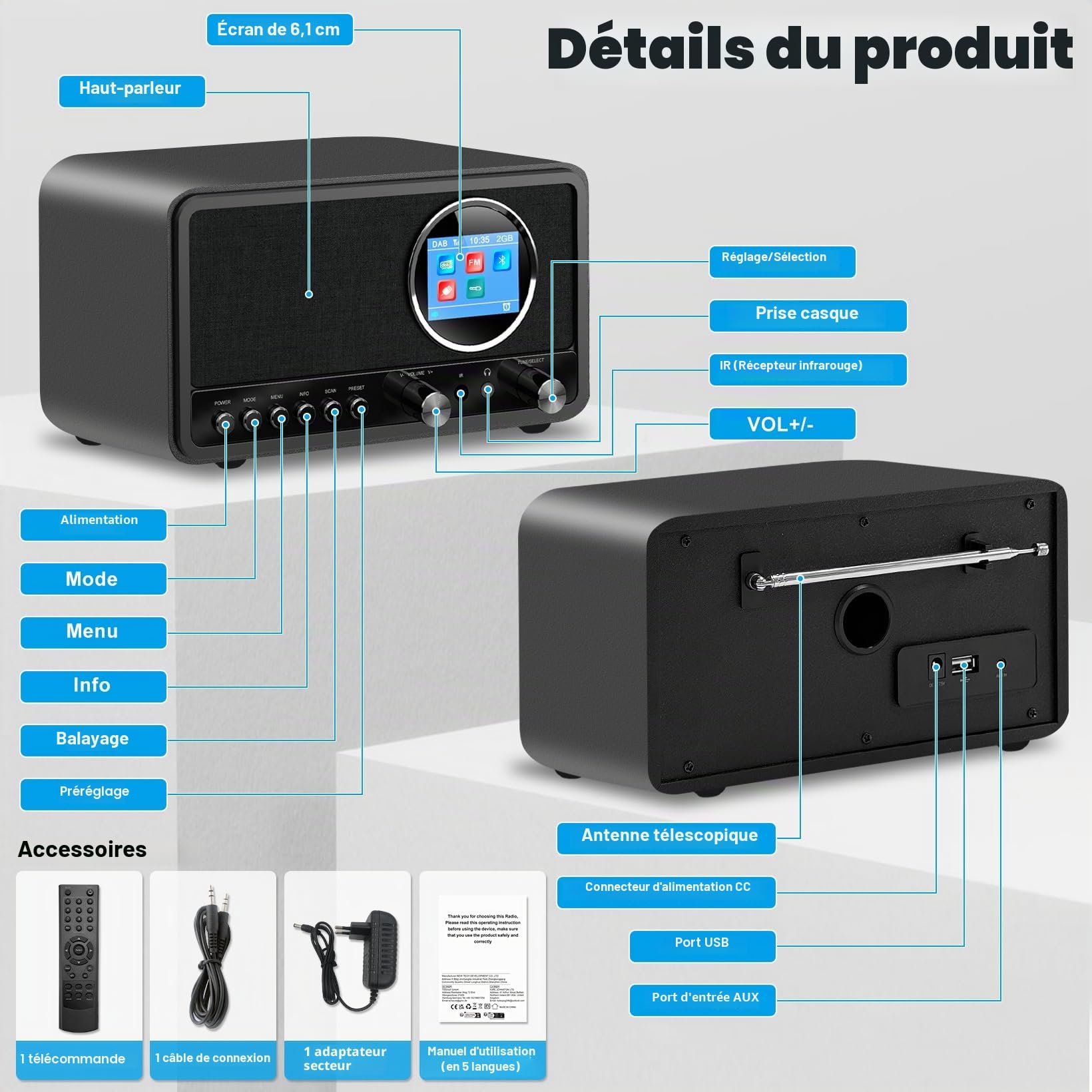Wholede Radio DAB+/FM avec Bluetooth, radio numérique DAB Plus, radio de cuisine, radio-réveil, avec minuterie de mise en veille, alarme Snooze, USB/Aux-In, noir