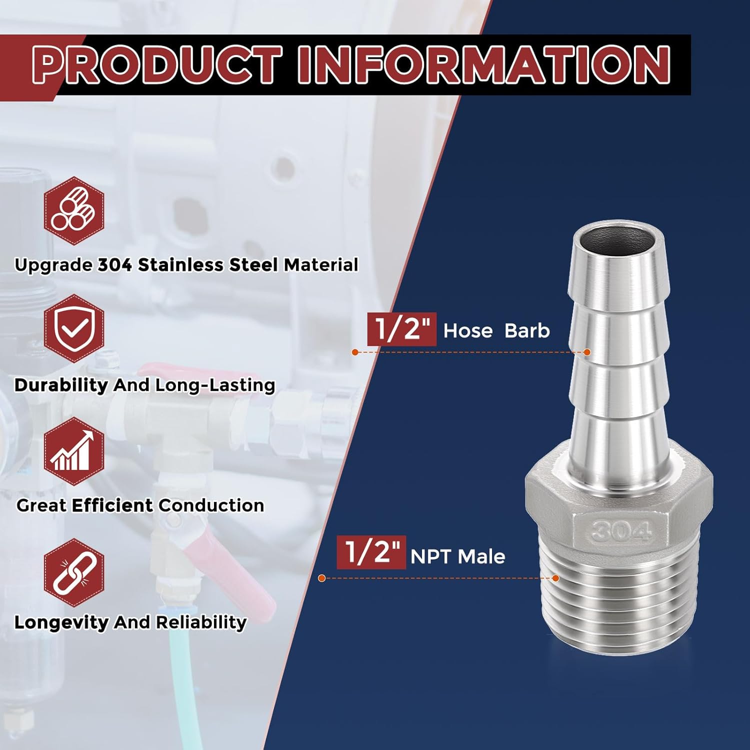 Pack of 25 Stainless Steel Hose Barbs Fittings 1/2" Hose Barbs to 1/2" NPT Male Fittings