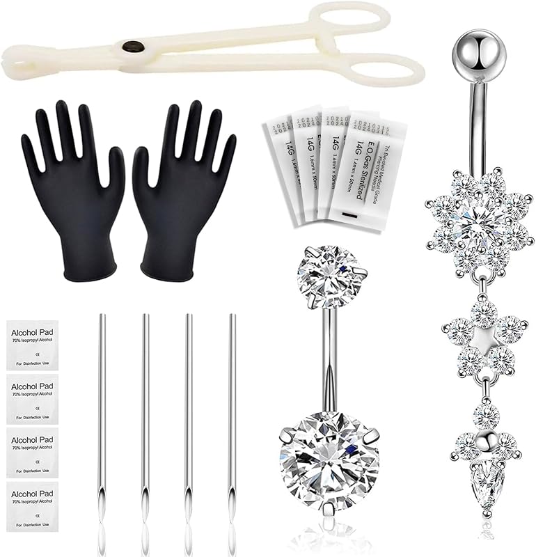Kit Autdor para Piercing de Umbigo com 13 Peças, Argolas 14G, Alicate, Ferramentas e Luvas