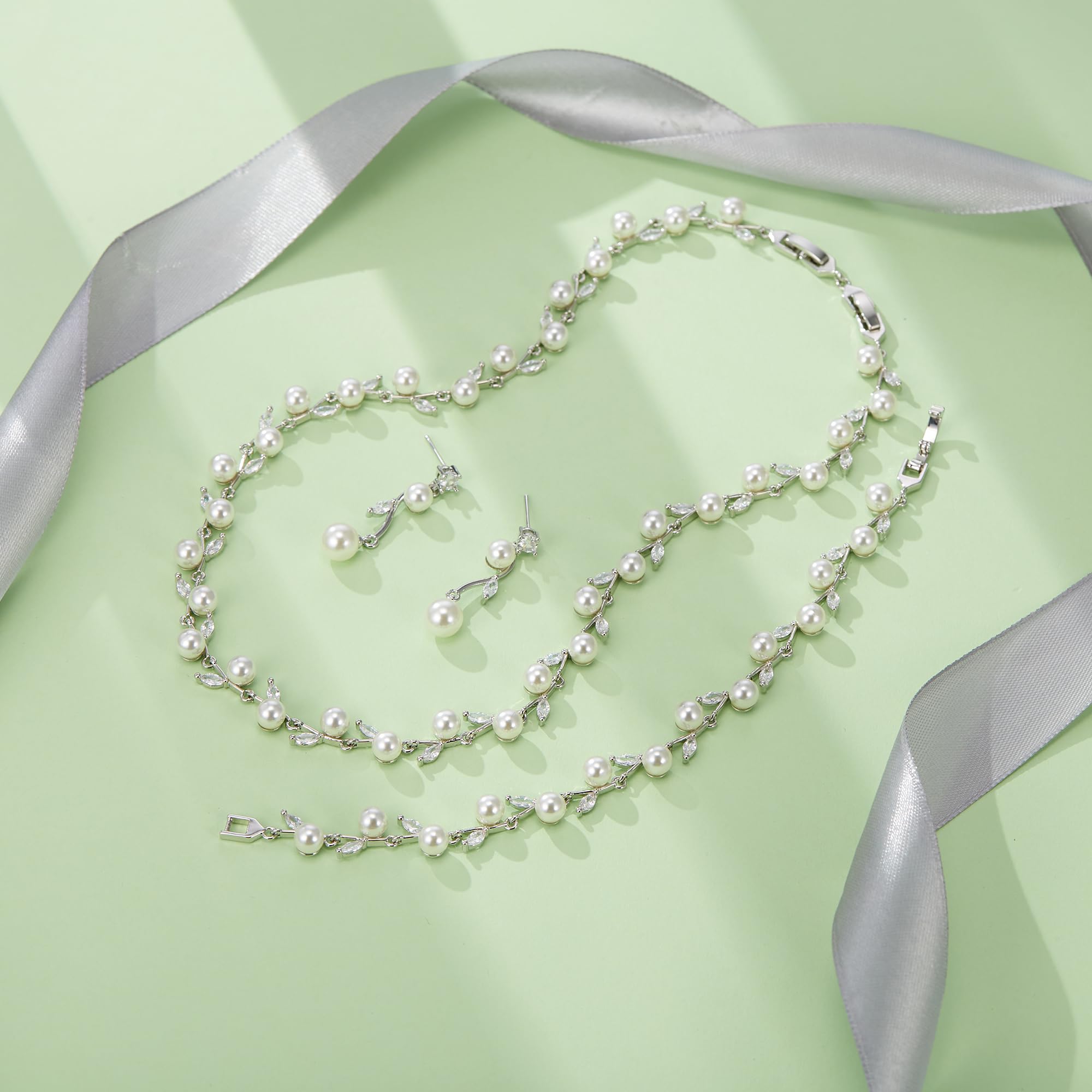 Set di gioielli da donna con foglie di zirconi e perle, per matrimoni
