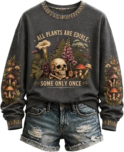 Womens Halloween Sweatshirt Oversized Skull Witch Plants Print Shirt