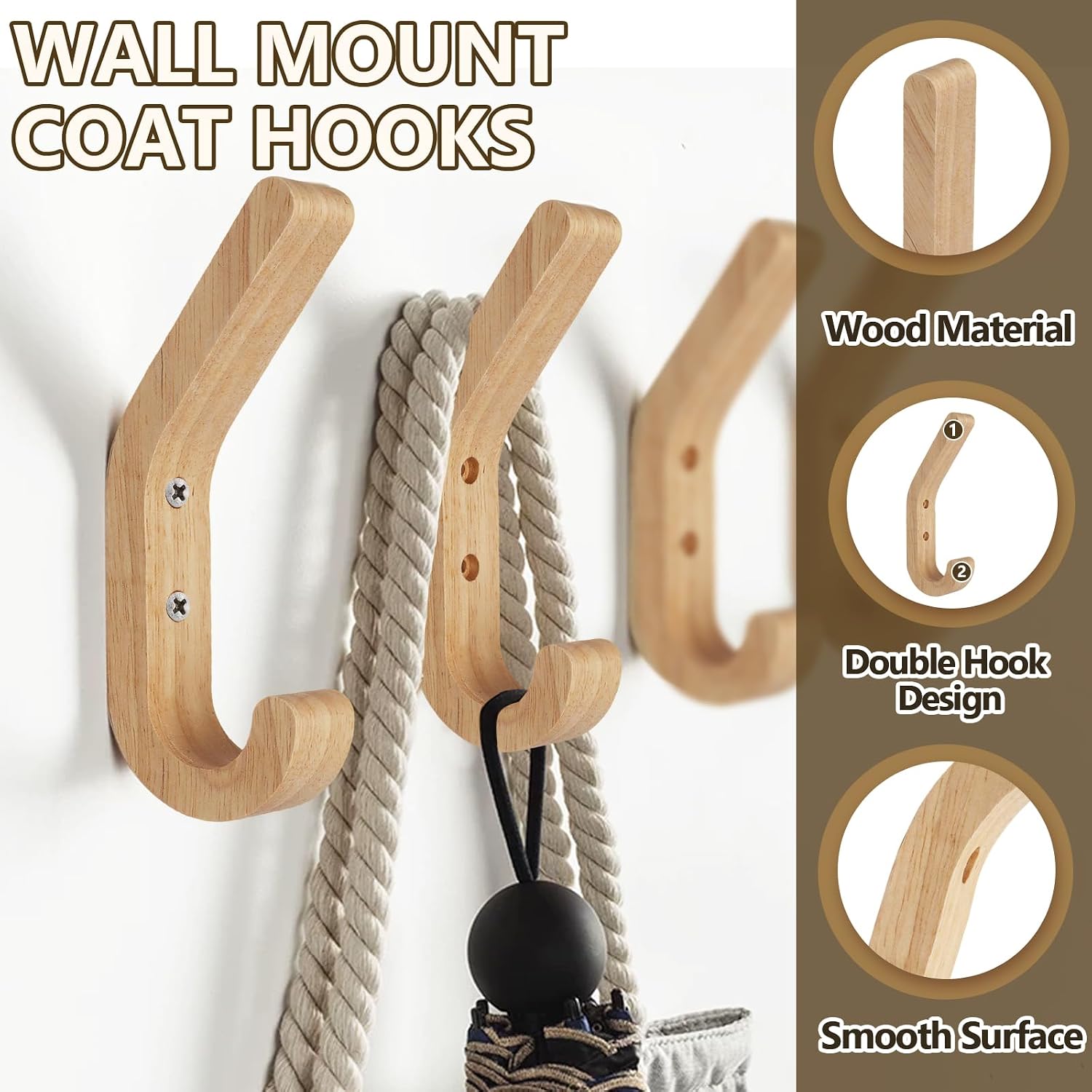 Piutouyar 6 Pack Wood Wall Hook, Wooden Coat Hooks Wall Mounted, Modern Heavy Duty Decorative Hook Organizer for Entryway, Bathroom, Kitchen, Hallway - Hanging Towels, Hats, Bags, Scarves