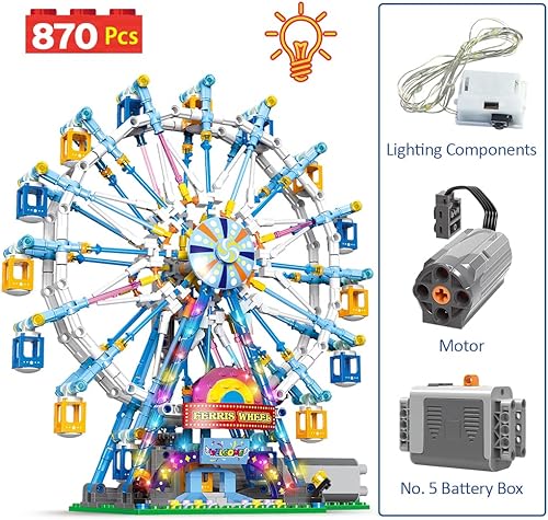 Miniatura 4 de Spotyee Juego de bloques de construcción de rueda giratoria de la fortuna de juguete, kits de construcción de parque de atracciones de carnaval con