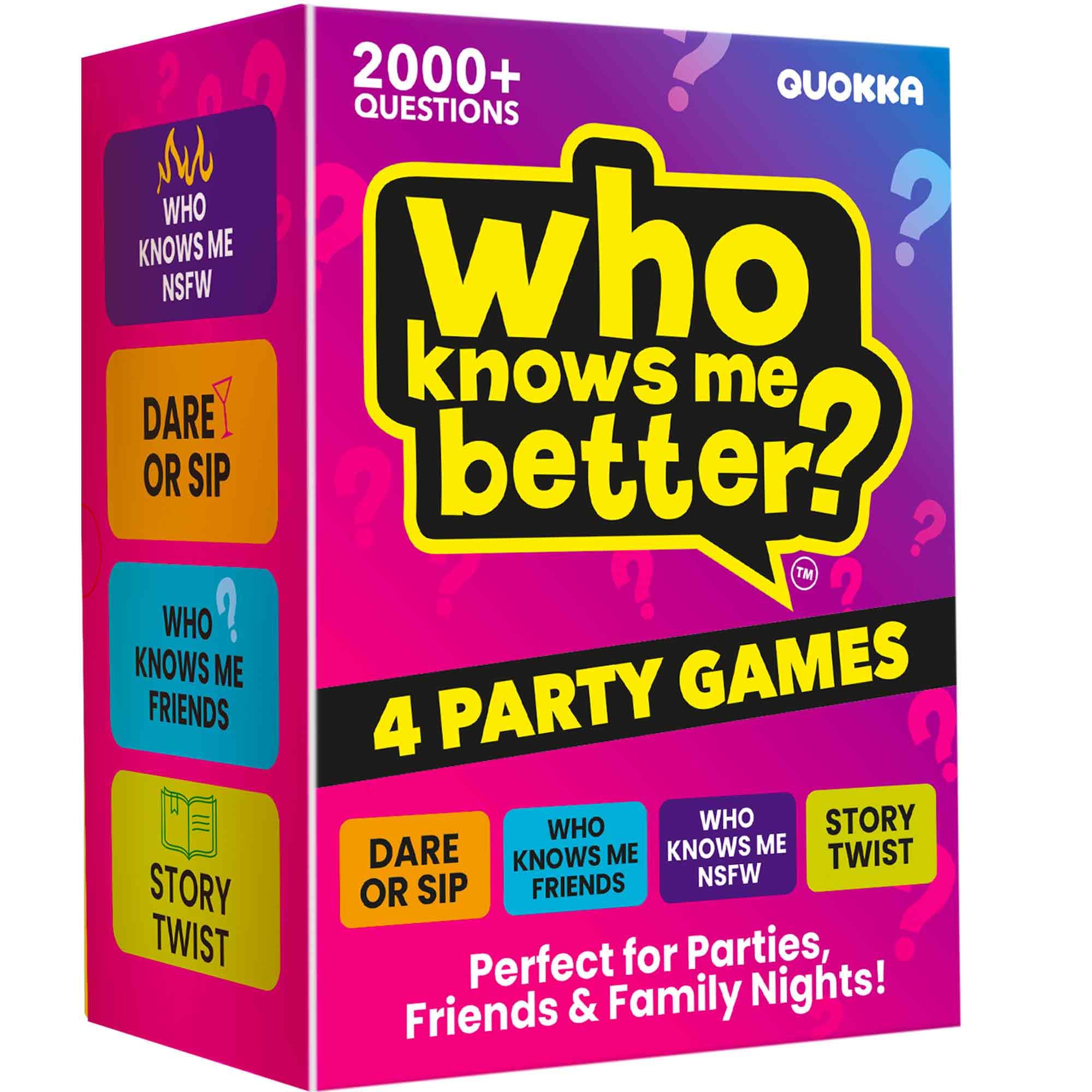 QUOKKA Party Games Set β Who Knows Me Better Collection with 4 Game in 1 Box β 2000+ Questions β Card Games for Adults and Teens β Board Game for Family Night, Friends & Couples Ages 15+