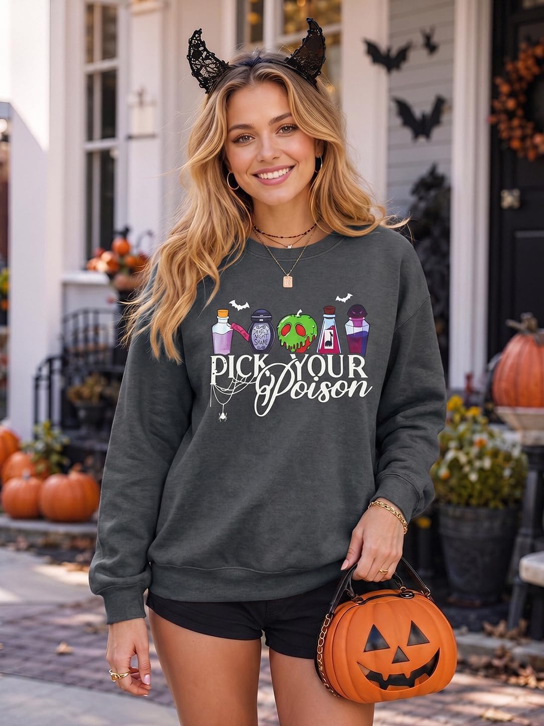 Halloween Sweatshirts for Women Pick Your Poison Top Halloween Trip Clothes