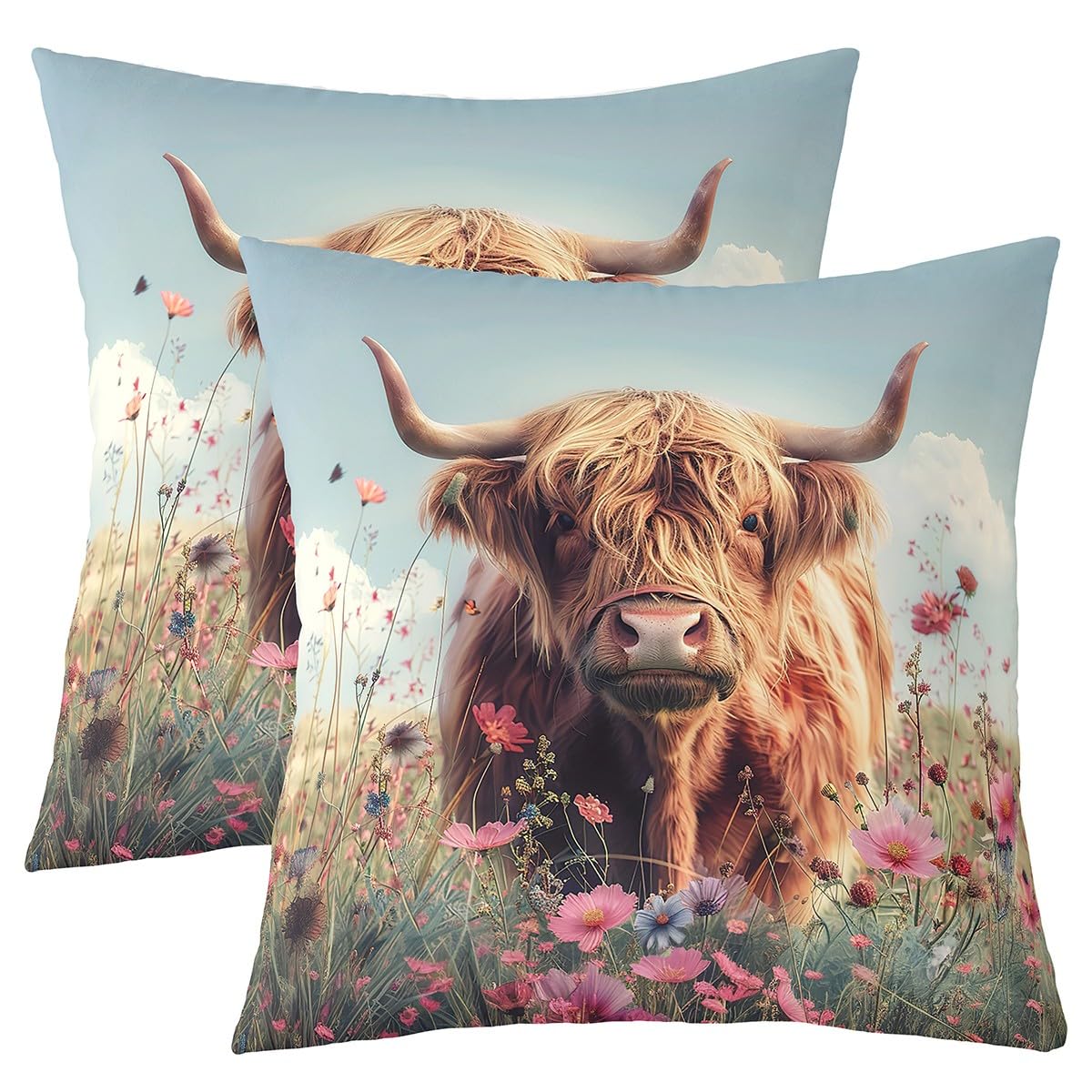 Loussiesd Hochland Kuh Kissenbezüge 40x40cm 2er Set Kissenbezüge Floral Highland Rinder Dekokissen Western Funny Tier Kissenhülle für Home Sofa Bett Couch Wildlife Farmhouse Kuh Kissenbezug