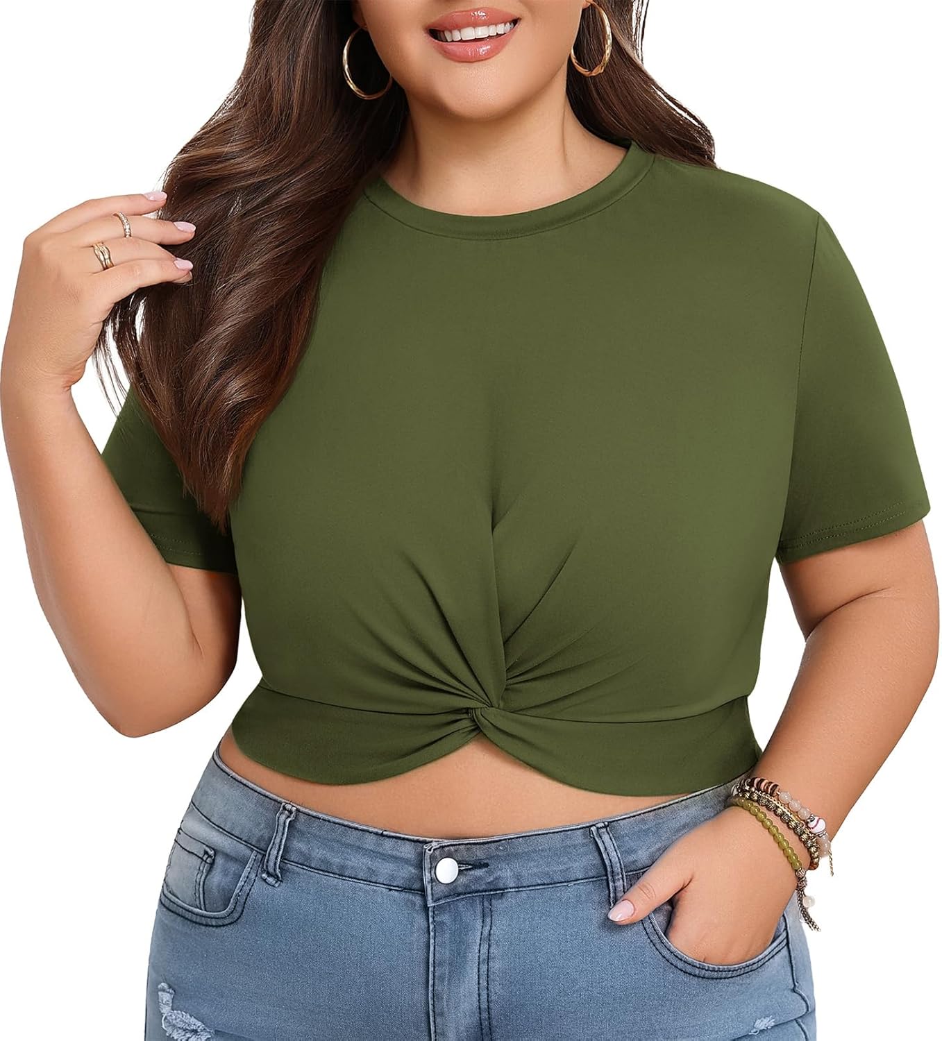 Lastshe Women's Plus Size Summer Crop Tops Short Sleeve Blouses Tie Twist Front Tee T-Shirt Outfits - Image 2