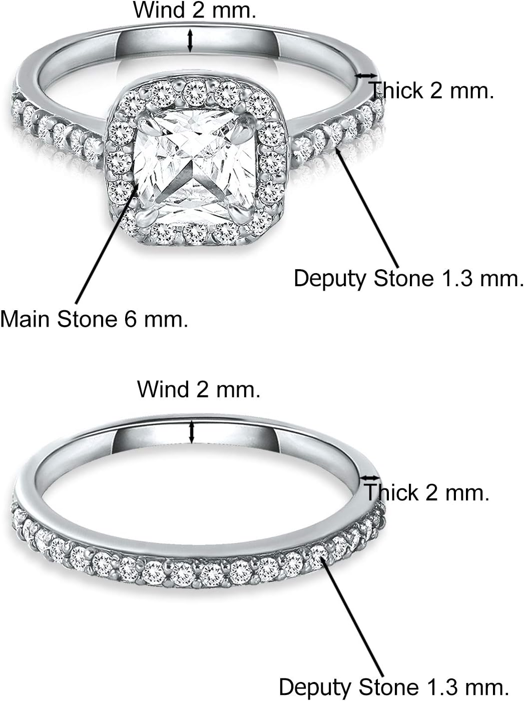 SEA OF ICE 925 Sterling Silver 6x6mm Cushion-Cut CZ Cubic Zirconia Halo Anniversary Wedding Band Engagement Ring Bridal Set, Sizes 5 to 10