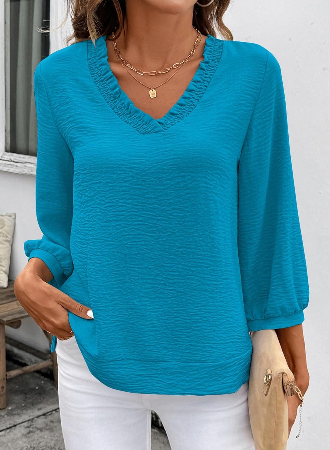 SHEWIN Women Smocked Neck Tops 3/4 Sleeve Loose Fit Shirts Business Dressy Casual 2026 - Image 6