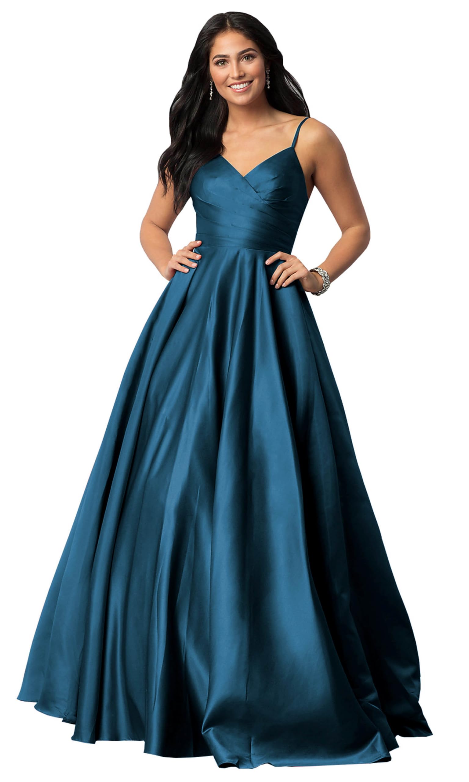Fu Jiang Spaghetti Straps Prom Dresses for Women 2025 Long Satin Ball Gown Pleated Formal Evening Gown with Pockets