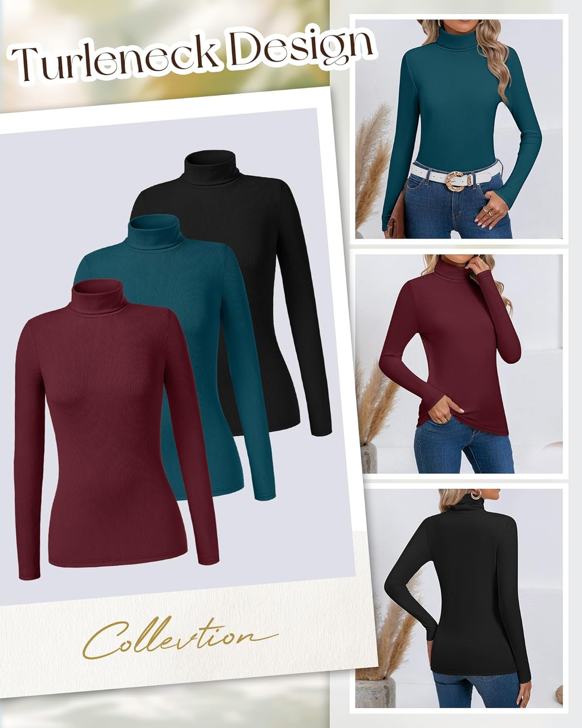 Ficerd 3 Pack Women's Ribbed Thermal Turtleneck Tops Long Sleeve Stretch Shirts Knitted Fitted Lightweight Base Layer - Image 5