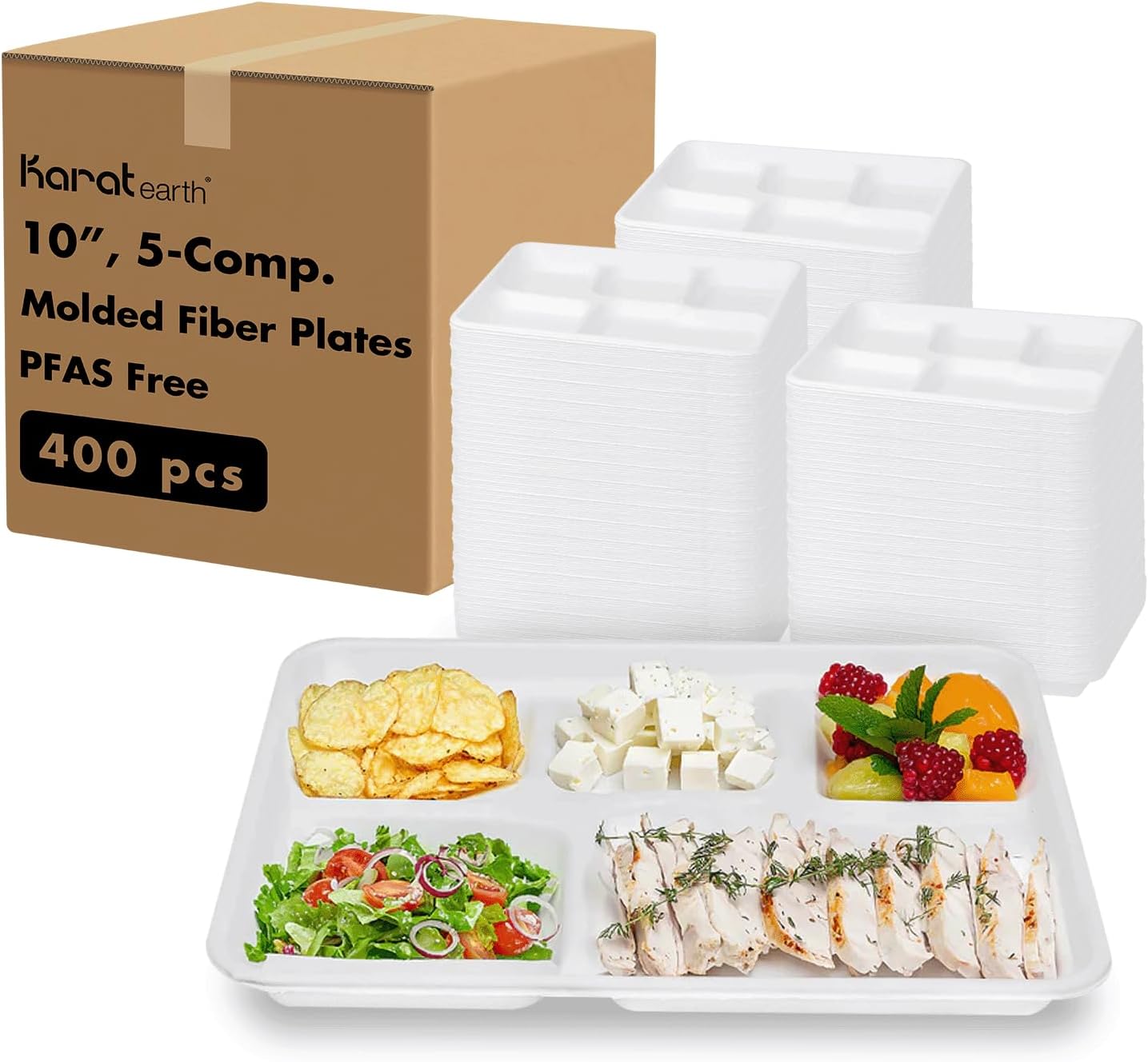 KARAT EARTH Biodegradable Bagasse Tray, Compostable Food Tray, PFAS Free, 5-Compartments - Case (Case of 400 pcs)