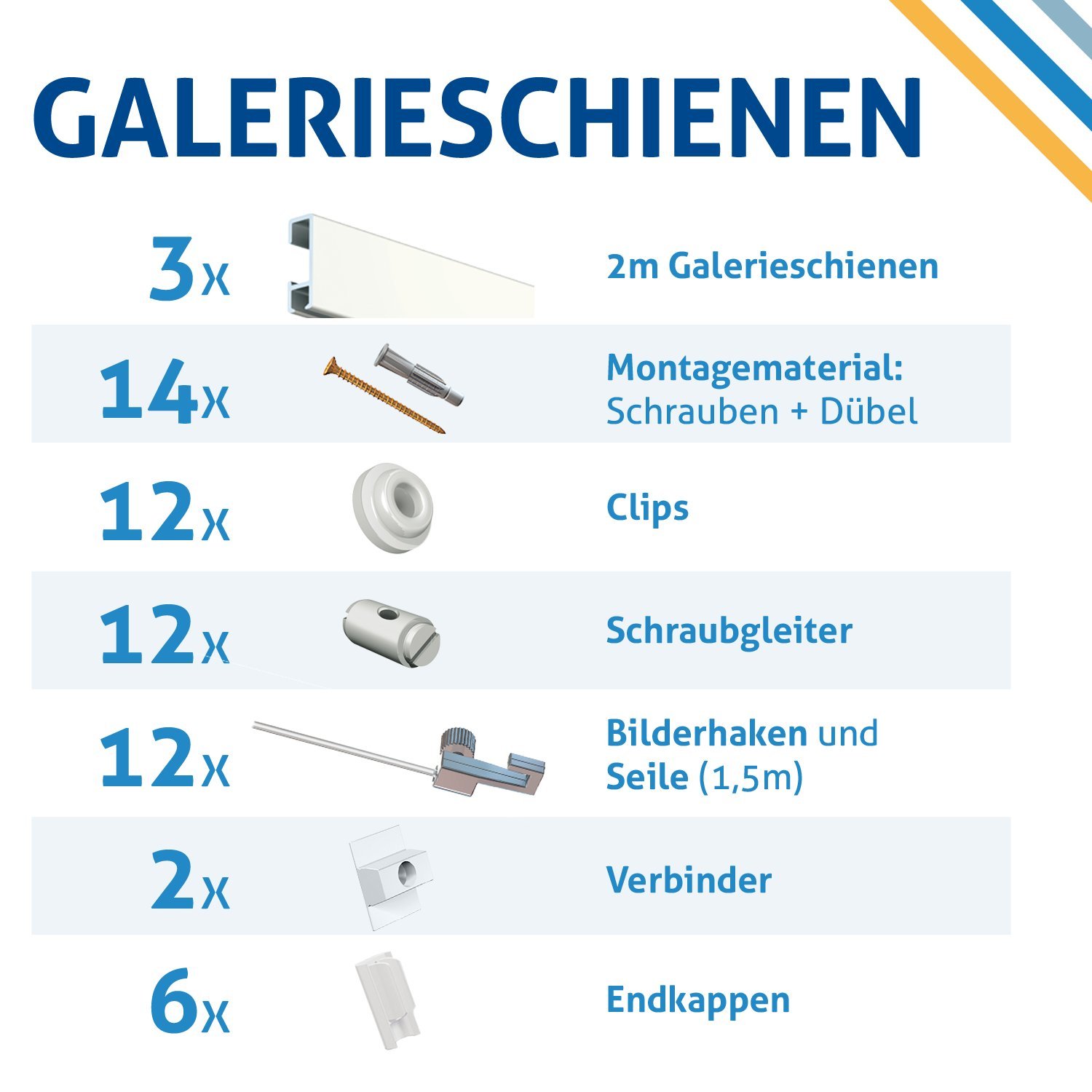 Bilderschienen, Galerieschienen Komplett-Set in weiß, 6m Länge und erweiterbar - Wandgestaltung mit Bildern und Fotos, Bilderhaken inklusive