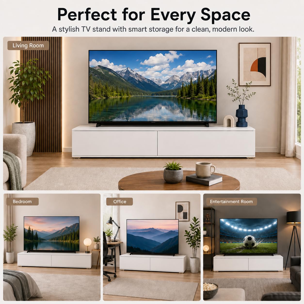 Mueble TV LED RGB 180 cm Blanco, suspendido o con Patas | Mueble TV LED RGB 180 cm con mando, 2 puertas abatibles, almacenaje cerrado y montaje en pared o con patas