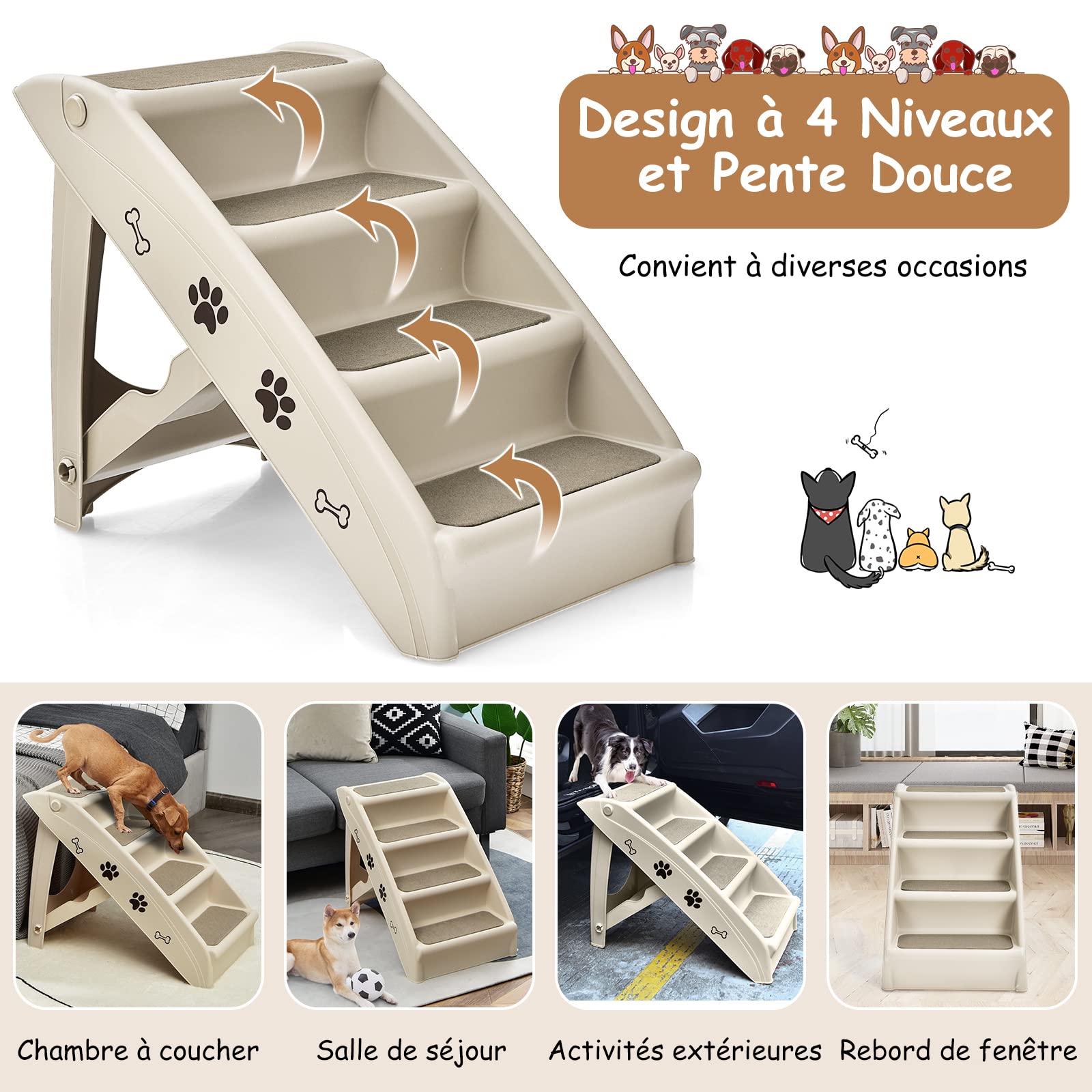 GYMAX Escalier pour Chien en Plastique 4 Marches, Rampe Intérieure et Extérieure avec Coussinets Antidérapants, Charge Max 60KG (Beige)