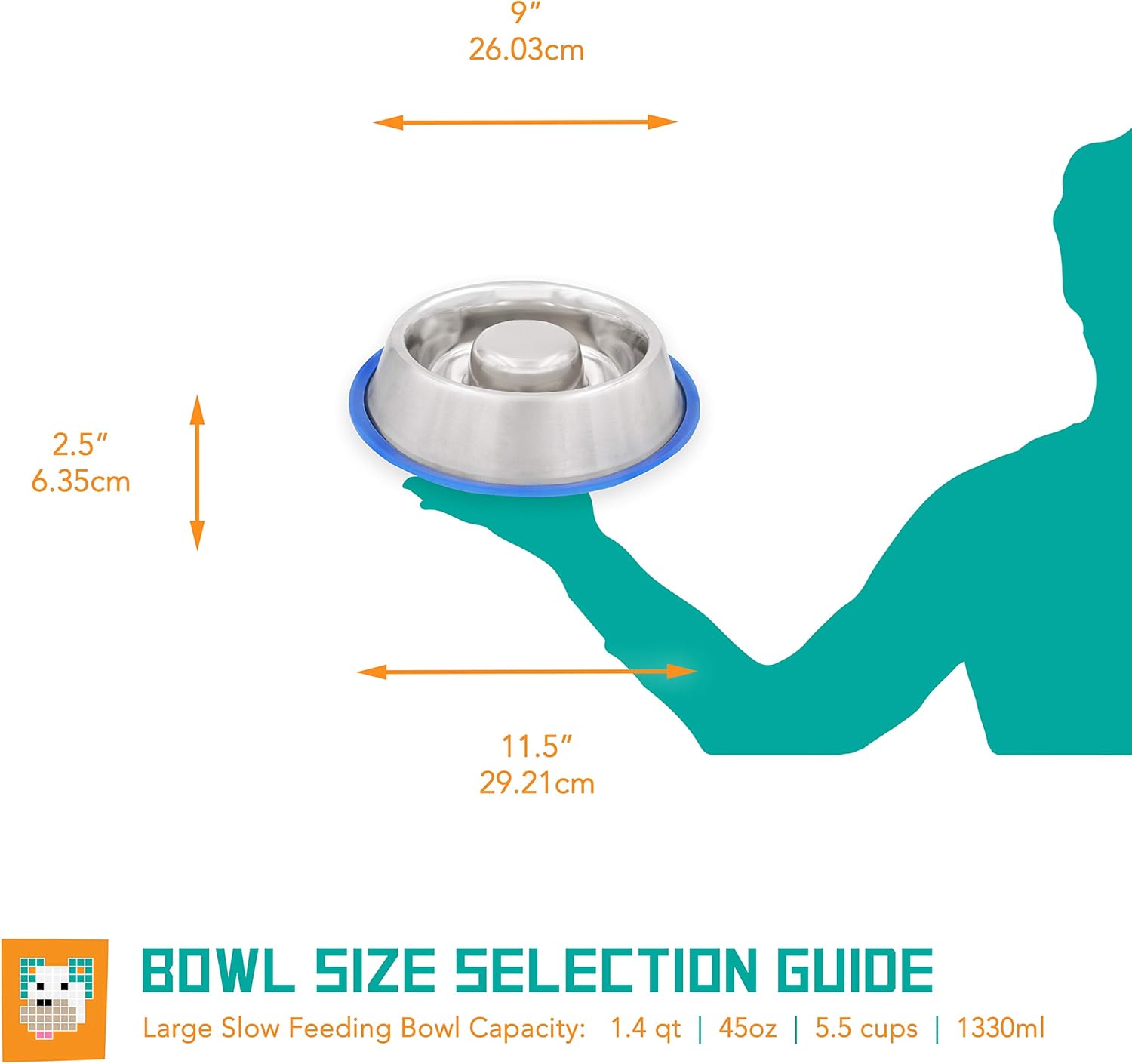 Slow Feeder Dog Bowl with Non-Slip Rubber Base for Dogs & Cats, Holds Food, Water & Treats, Metallic Silver Stainless Steel, 45oz (SFD-L), Stainless-Steel, Blue