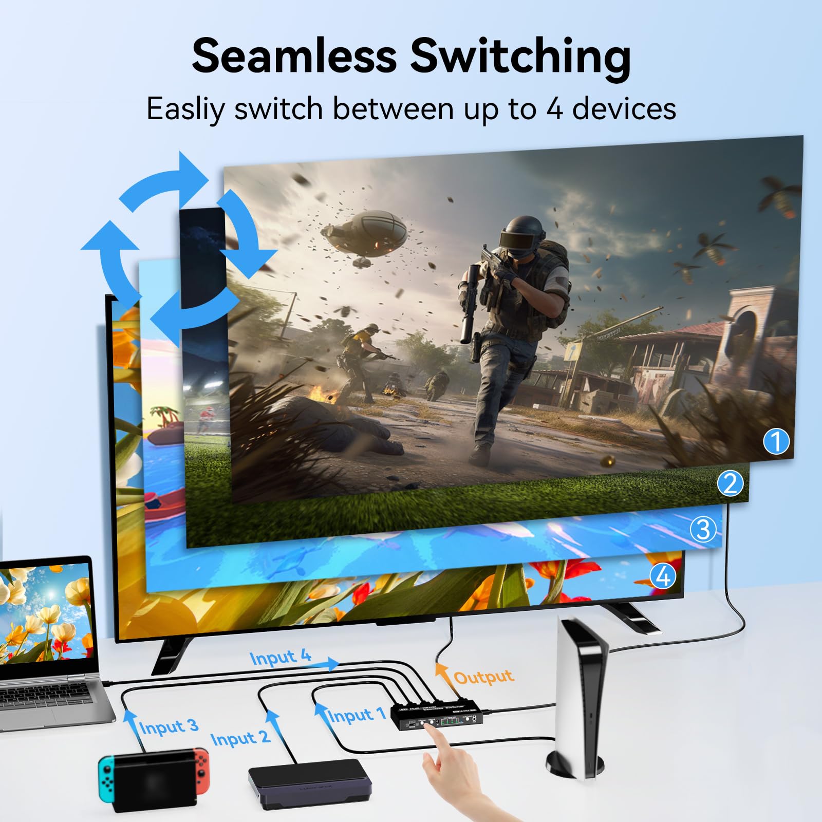 Interruptor multivisor HDMI 4x1, conmutador sin costuras, 4 en 1, interruptor de salida con control remoto IR, salida de audio de 3.5 mm, compatible con 1080p 60Hz, actualización de 10 modos de
