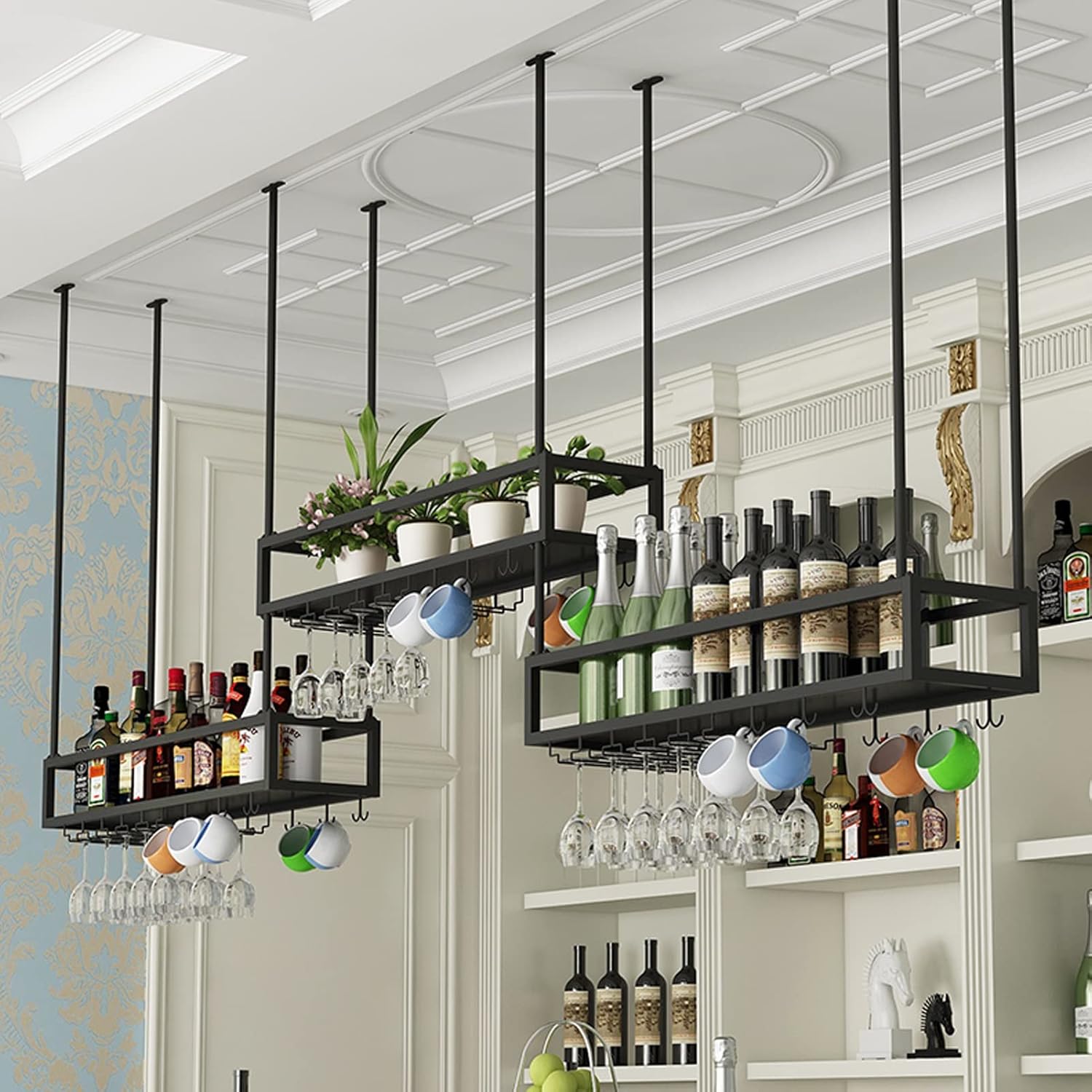 Suspended Ceiling Bar Rack - Black Metal Wine Cabinet Glass Holder & Bottle Storage Shelf Perfect for Kitchen & Under Furniture Wine Display Space-Saving Solution