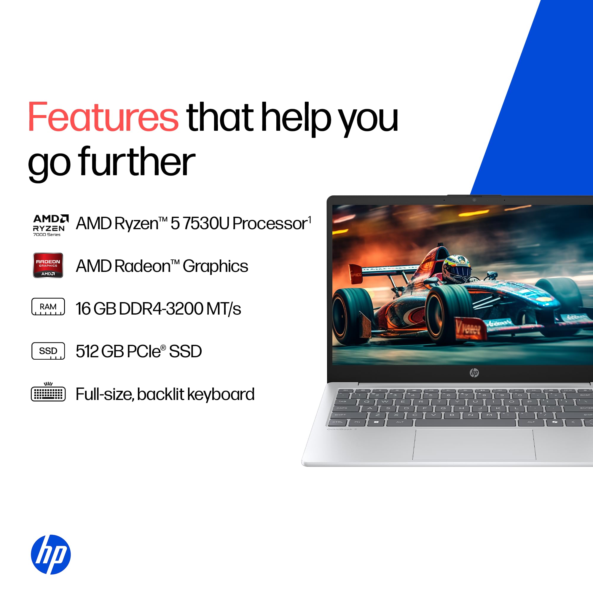 HP 14, AMD Ryzen 5 7530U (16GB DDR4, 512GB SSD) FHD, Anti-Glare