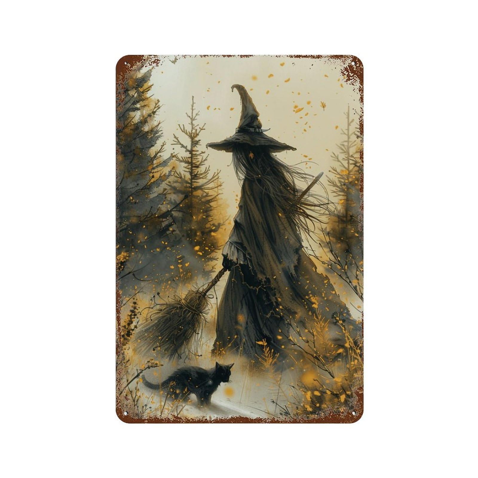 Distressed Metal Wall Sign Halloween Witch And Cat 11.8"x7.9", Old School Wall Decor for Bistro, Counter And Cafe Decor