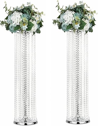 Juego de 2 lujosos soportes de flores de cristal para centros de mesa de boda en el suelo, soporte de arreglo floral de metal alto, jarrón de flores