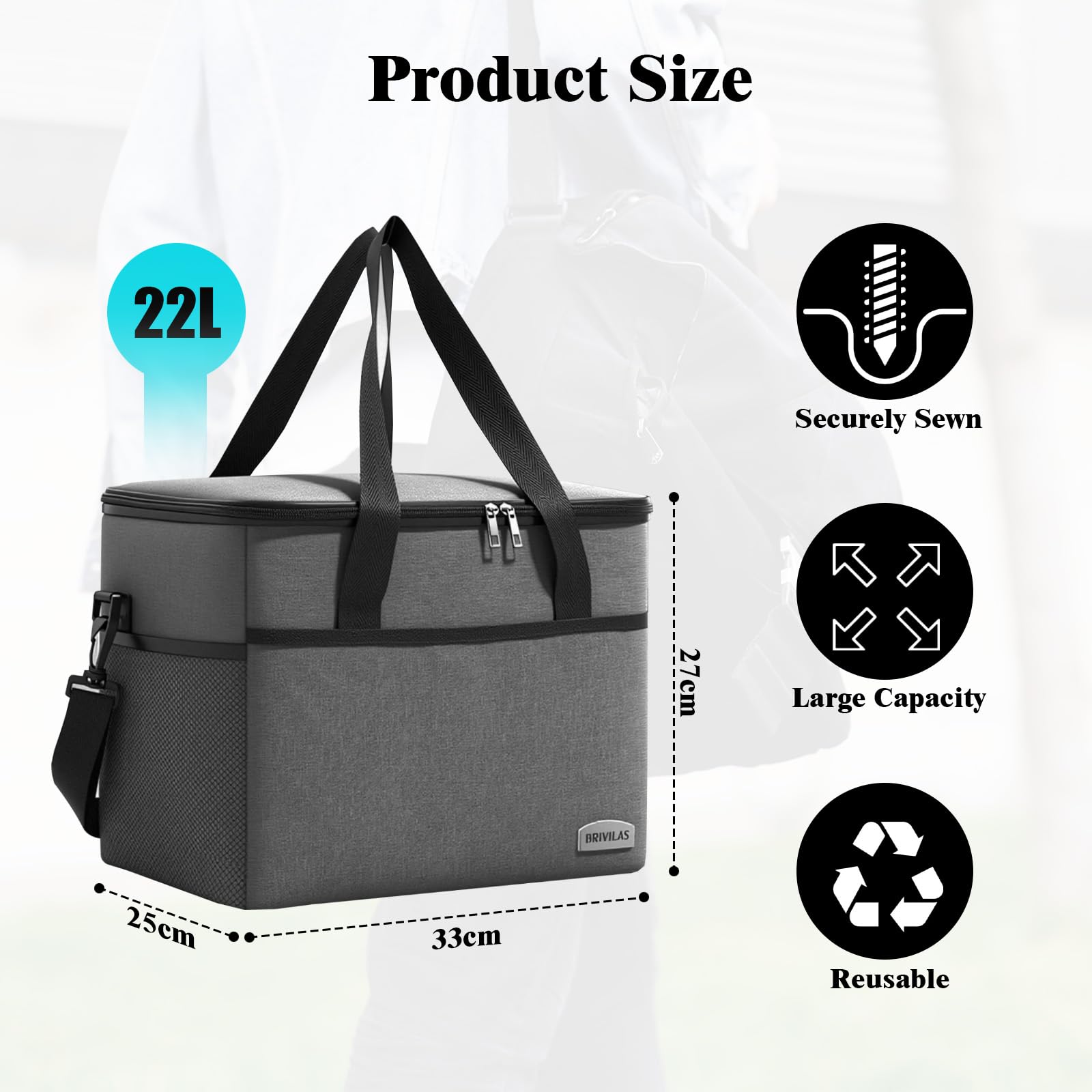 Borsa Frigo Termica 22L Pieghevole 33x25x27cm Grigio per Mare Spiaggia Campeggio