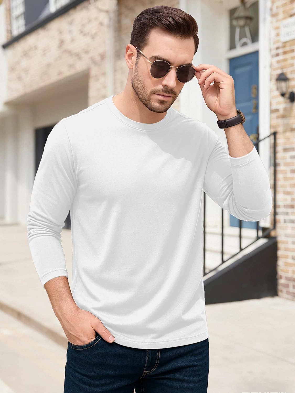 KINGFEN Men's Crewneck T-Shirt Long Sleeve Cotton Casual Pullover Basic Tee Shirts - Image 3