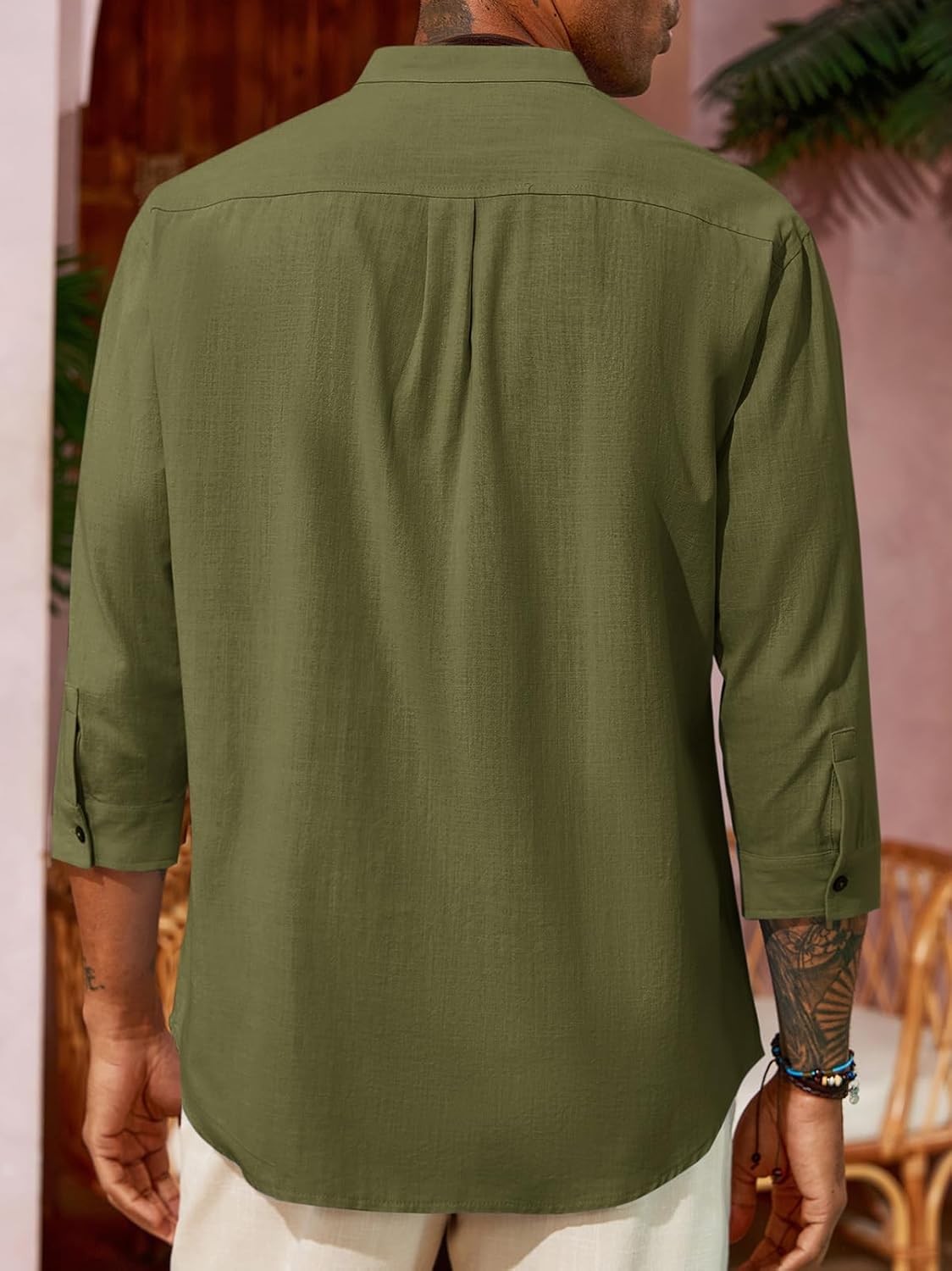 Runcati Mens Casual Linen Shirts 3/4 Sleeve Button Down Banded Collar Summer Beach Shirt - Image 3