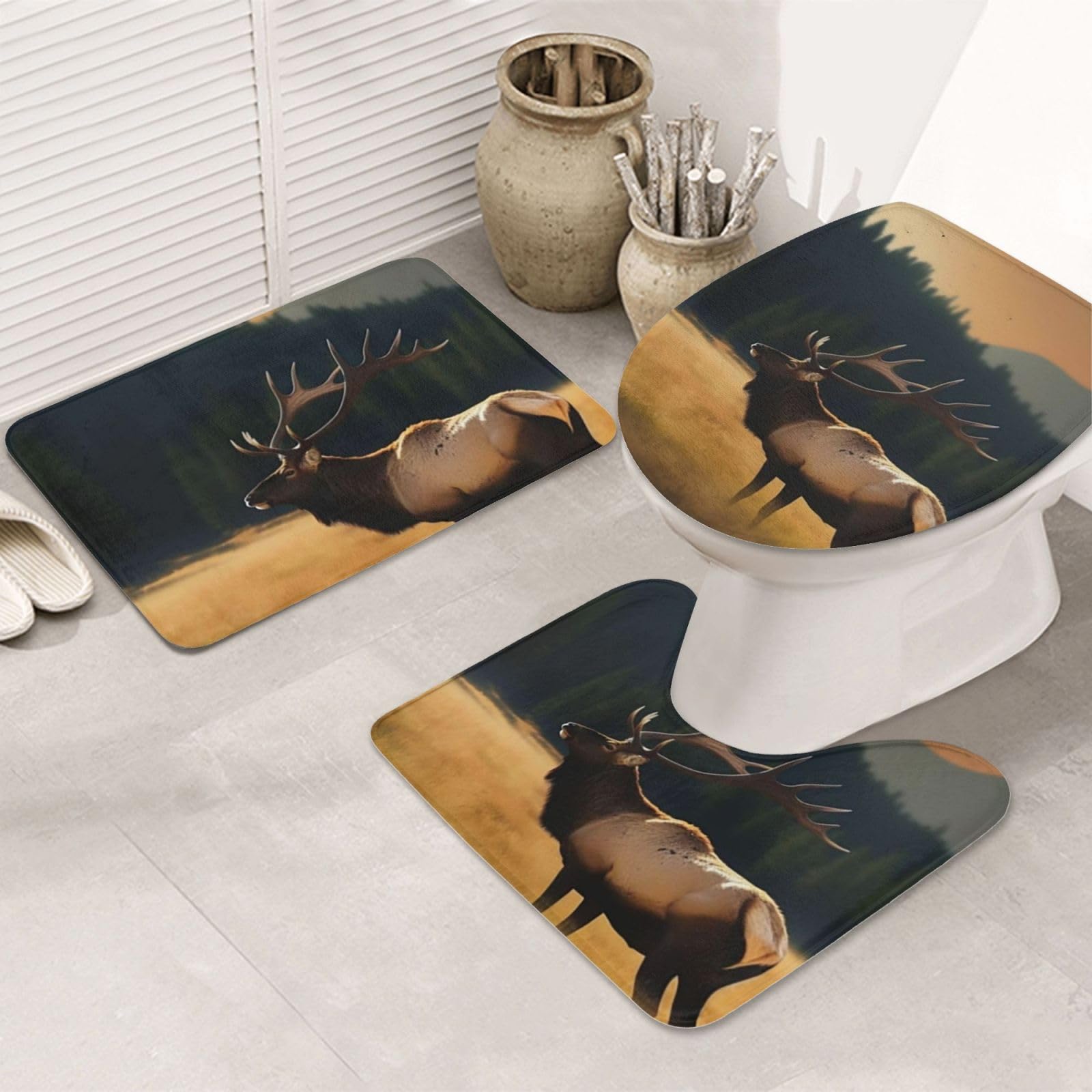Tapis de salle de bain motif élan prairie pour une ambiance nature et cocooning lot de 3