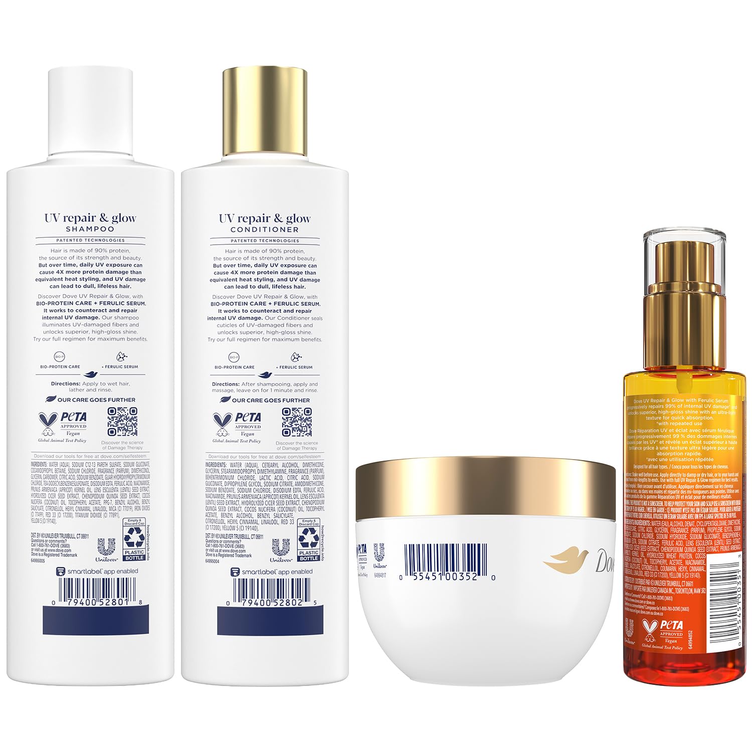 Dove Shampoo, Conditioner, Recovery Mask, Hair Serum + Oil, UV Repair & Glow – Damage Therapy Hair Products with Ferulic Serum and BioProtein Care