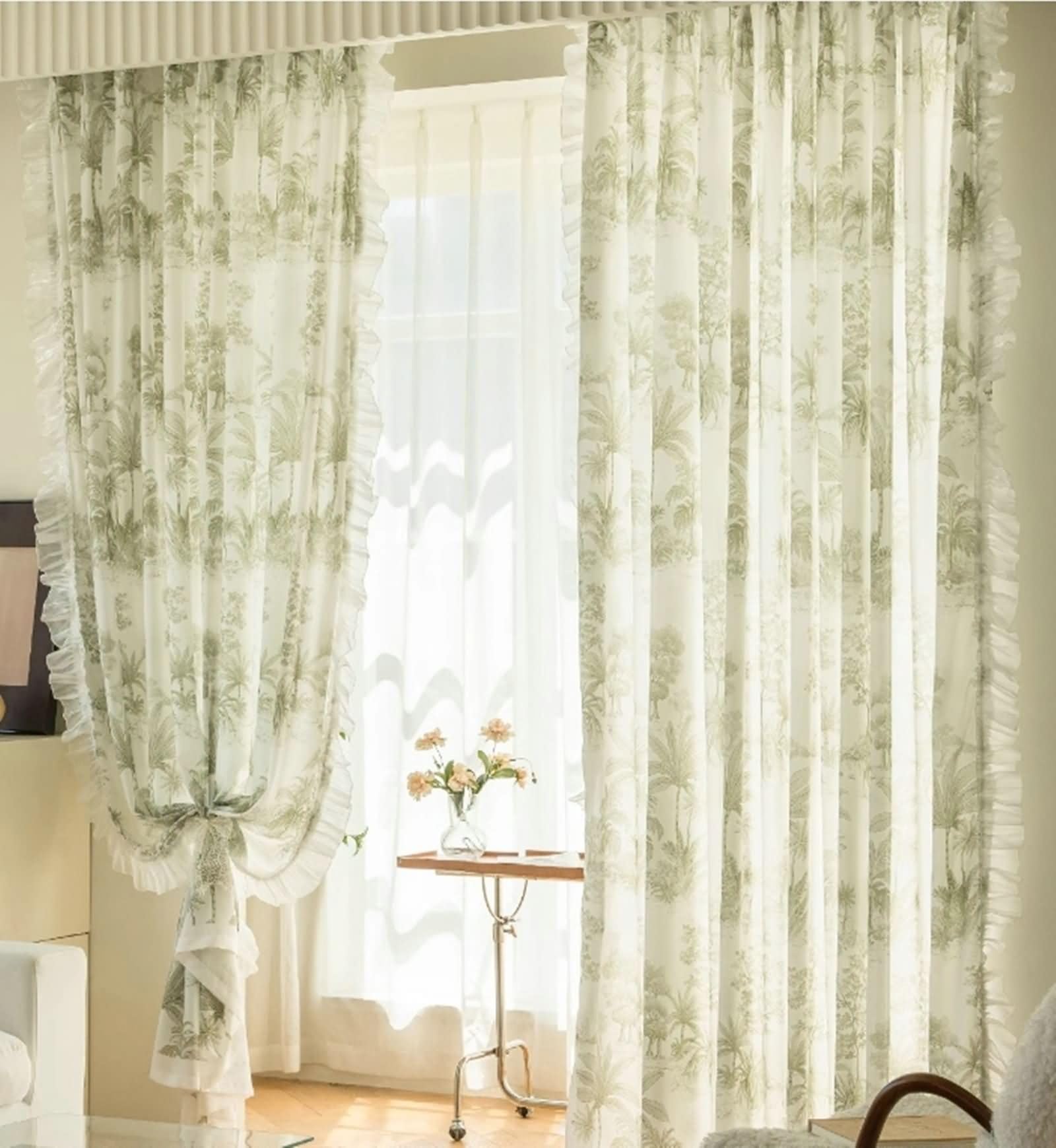 Cortinas Salon de Ojales,2 x 102W x 138H CM,Cortina Visillo 2 Piezas Patrón de Cocotero Cortina de Verde Cocina