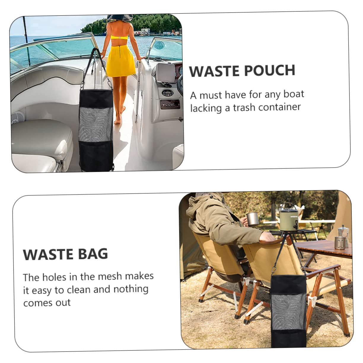 Anneome Craftsmanship Mesh Trash Bag for Kayaking Boat Fishing Waste Pouch Drawstring Black 26x64cm