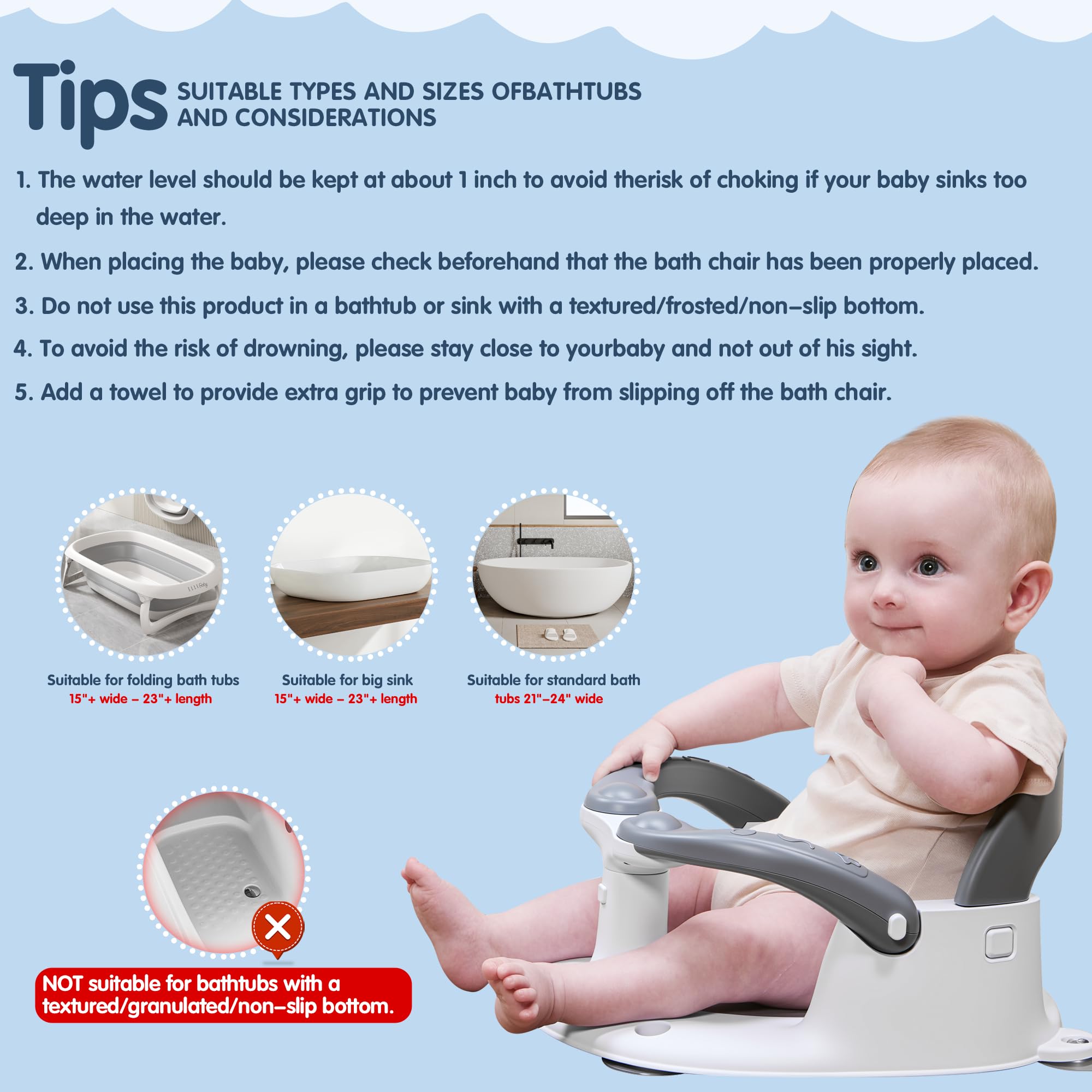 babove Siège de bain pour bébés de 6 mois et plus avec thermomètre autocollant, bouton One-Touch pour une ouverture facile de l'accoudoir, chaise de bain pour bébé (gris)