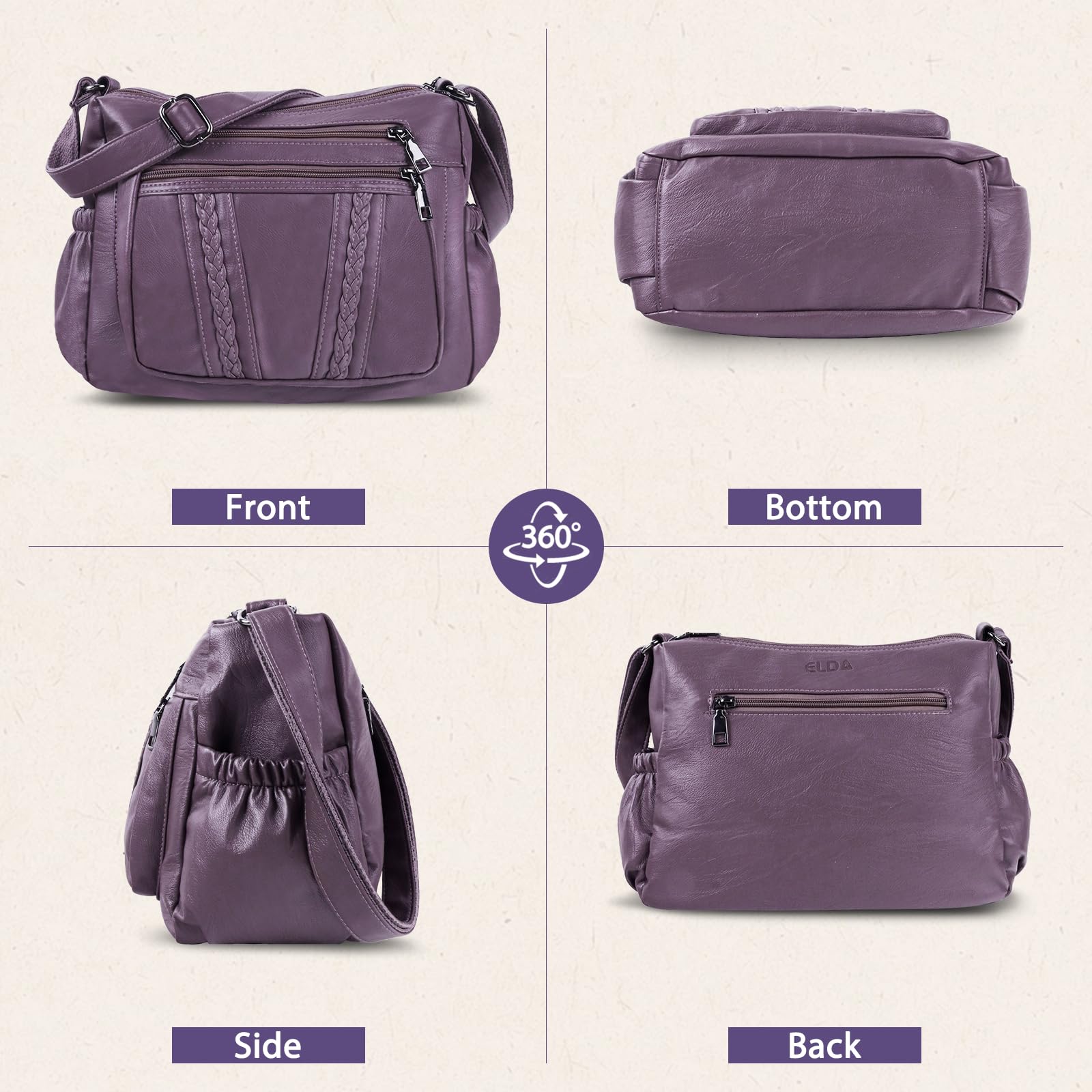 ELDA Crossbody Bags For Women Pocketbooks Soft PU Leather Purses and Handbags Multi Pocket Shoulder Bag (Taro)