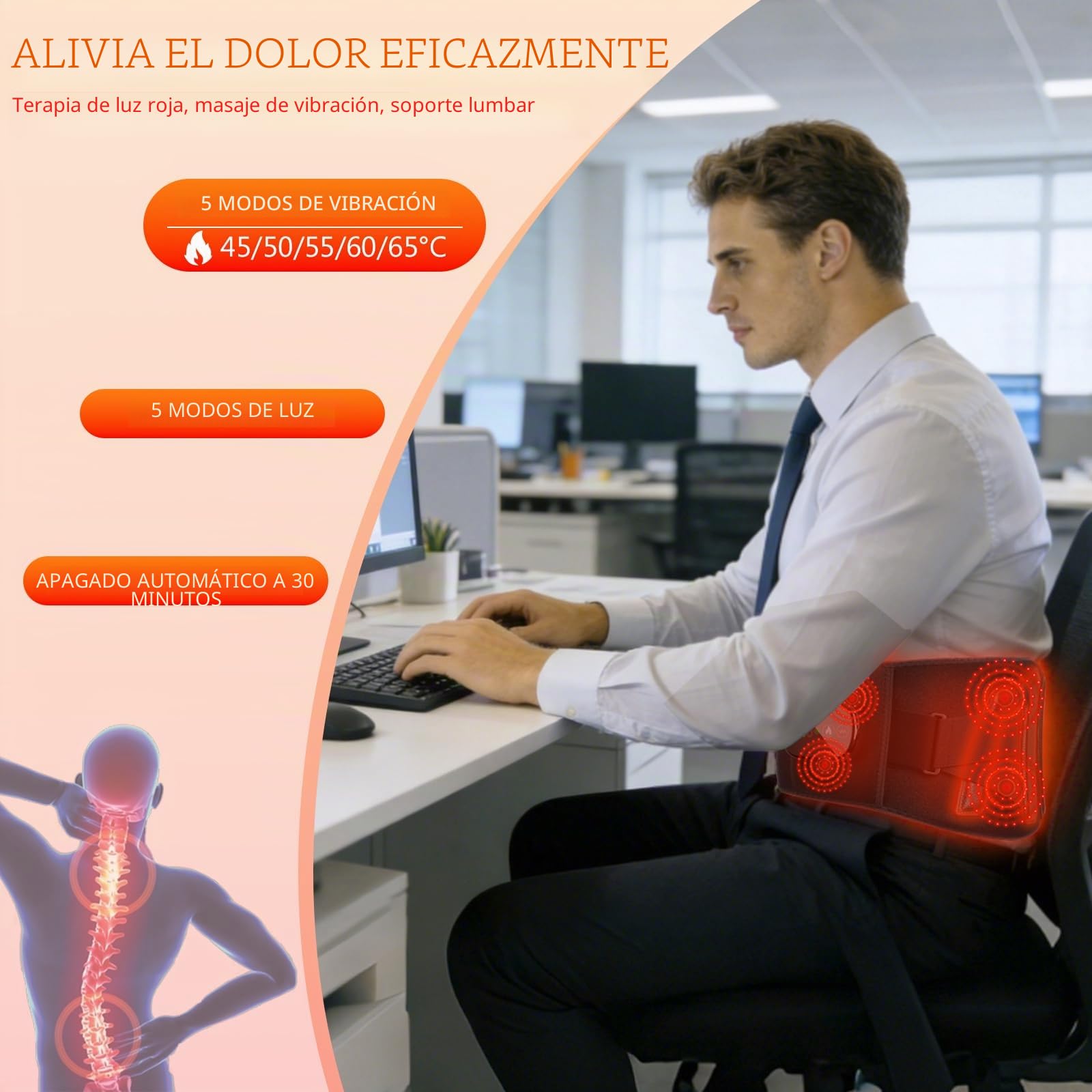 Manta Electrica Lumbar, Cinturon Lumbar Calefaccion Infrarroja Portatil con 5 Niveles de Calor, 5 Modos de Masaje, Batería de 5000mAh y Temporizador 30 Min, Hombre y Mujer (125 x 24 cm)