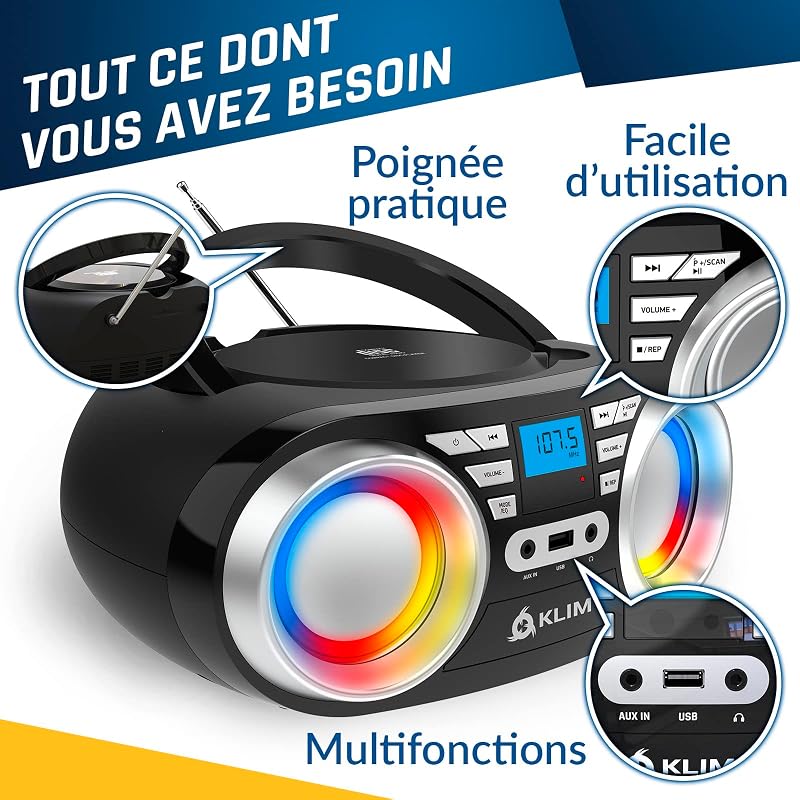 KLIM Boombox B3 Hordozható CD Lejátszó FM Rádióval - Bluetooth, USB, AUX Csatlakozás, RGB LED Világítás, Újratölthető Akkumulátor, Digitális