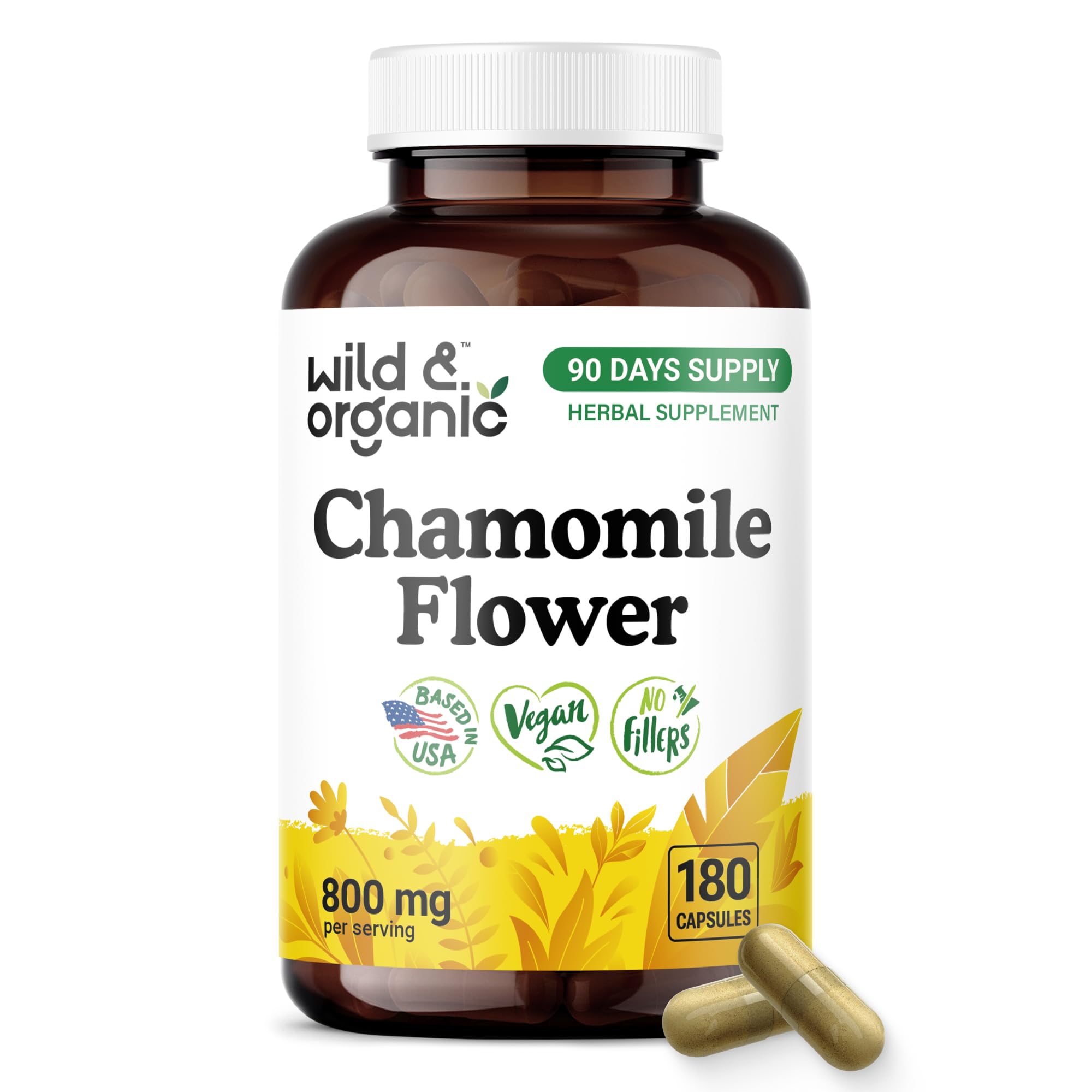 Wild & Organic Chamomile Capsules 800 mg - Relaxation Support - 180 Count 180 Count (Pack of 1)