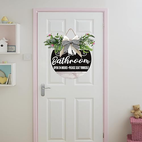 Miniatura 6 de Letrero de puerta delantera de baño, coronas divertidas, placa de madera colgante, decoración redonda de madera rústica, decoración de porche para